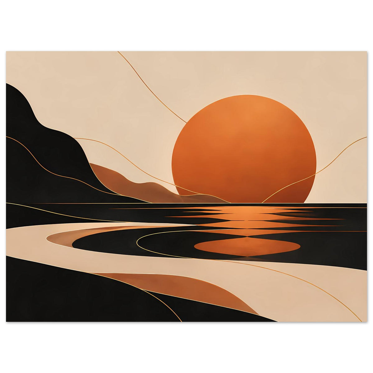 Kunstposter im Querformat mit orangefarbener Sonne, schwarzen Flächen und geschwungenen Linien