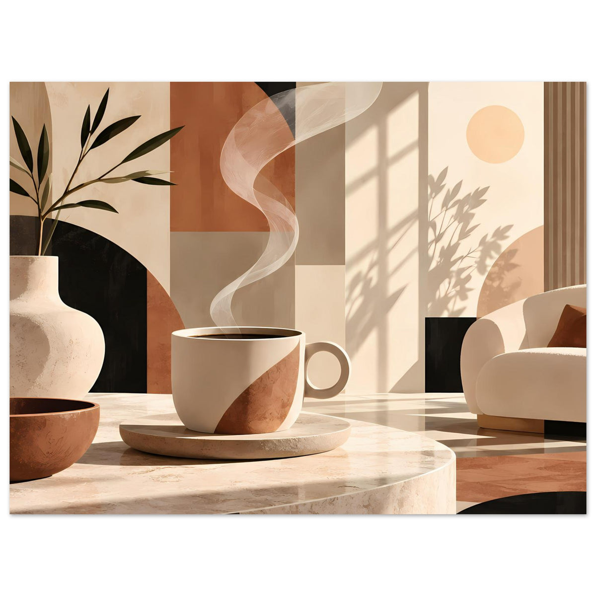 Poster mit warmem Stillleben: Tasse auf Untertasse, Marmortisch, Blättervase und abstrakte Formen