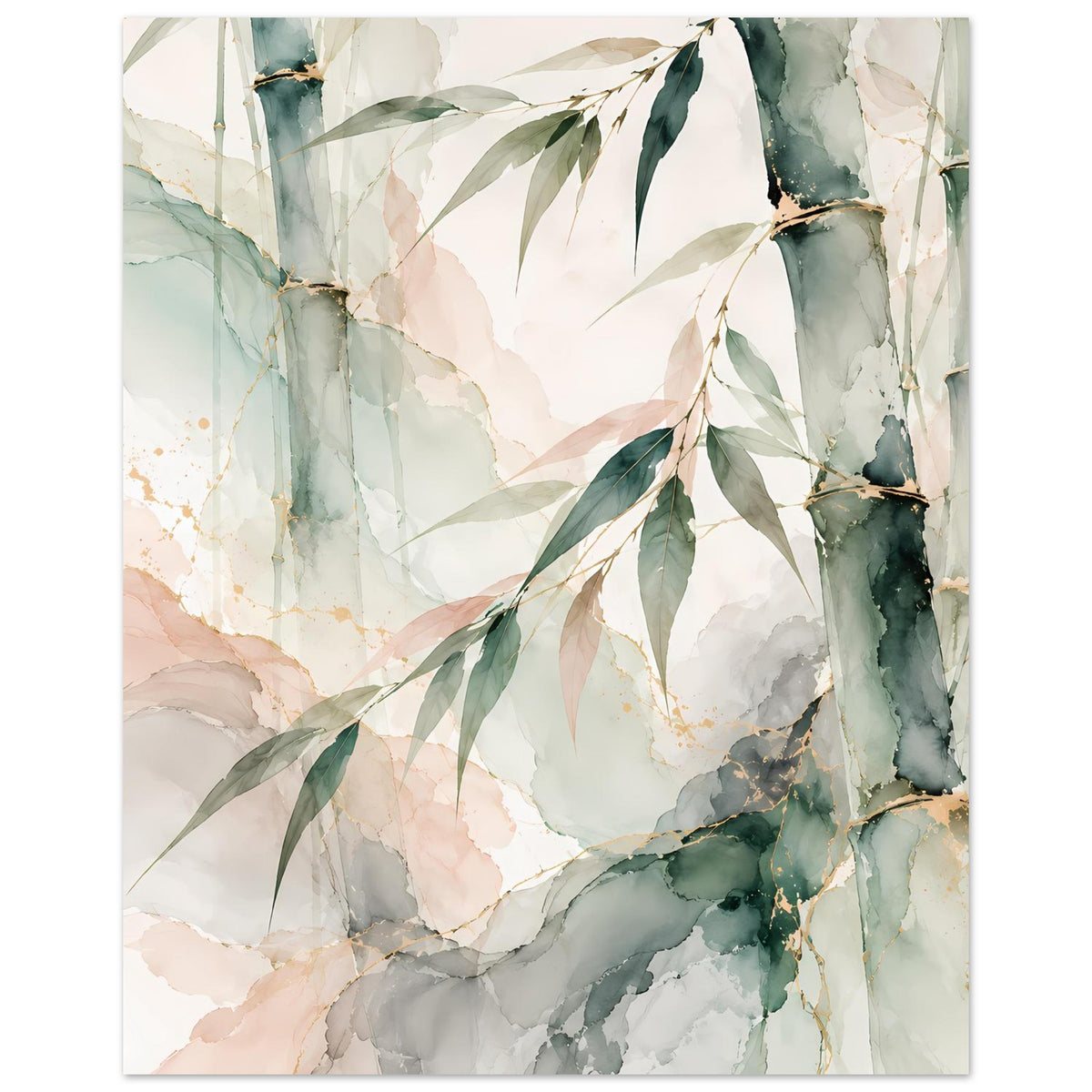Naturposter mit Bambus-Aquarell, grünen Blättern und Stämmen, pastellige Farbflächen
