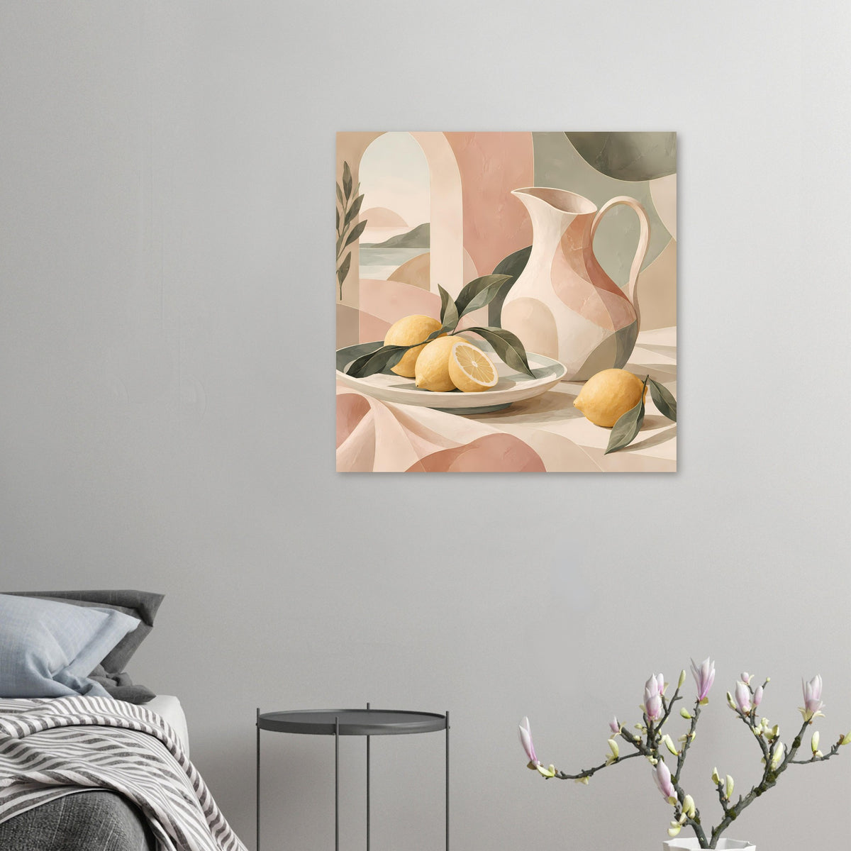 Mediterranes Stillleben-Poster mit Vase, Zitronen, Olivenzweigen und weichen Naturtönen.