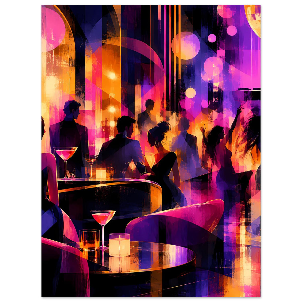 Poster im Hochformat: Personen an Tischen, Cocktailgläser, abstrakter Neon-Farbverlauf im Hintergrund