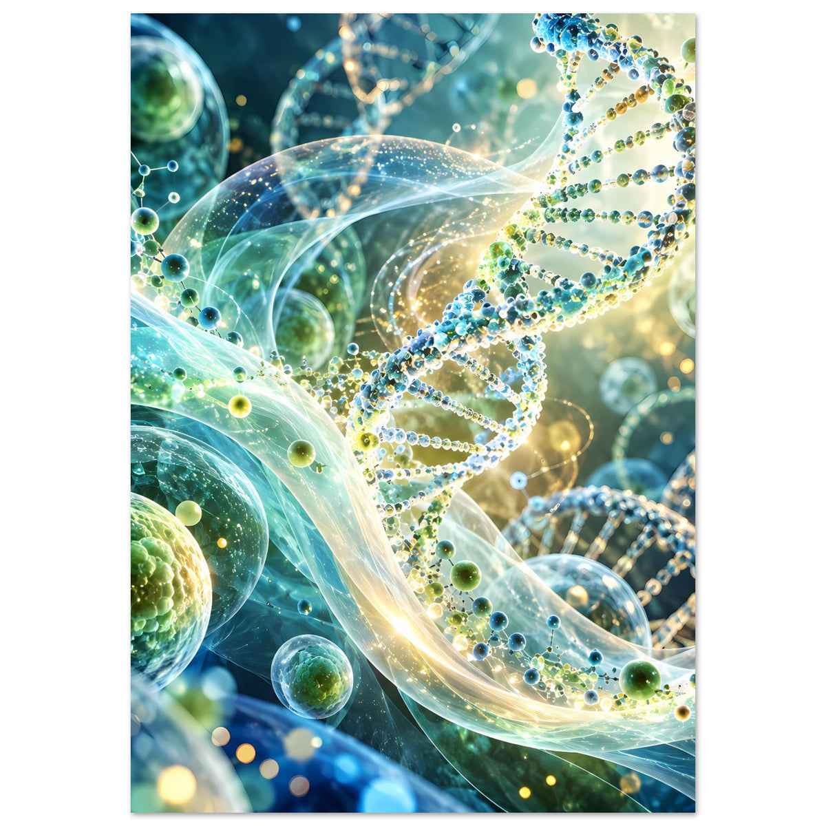 Rechteckiges DNA-Doppelhelix-Poster mit leuchtender, grüner und blauer Darstellung und Molekülkugeln