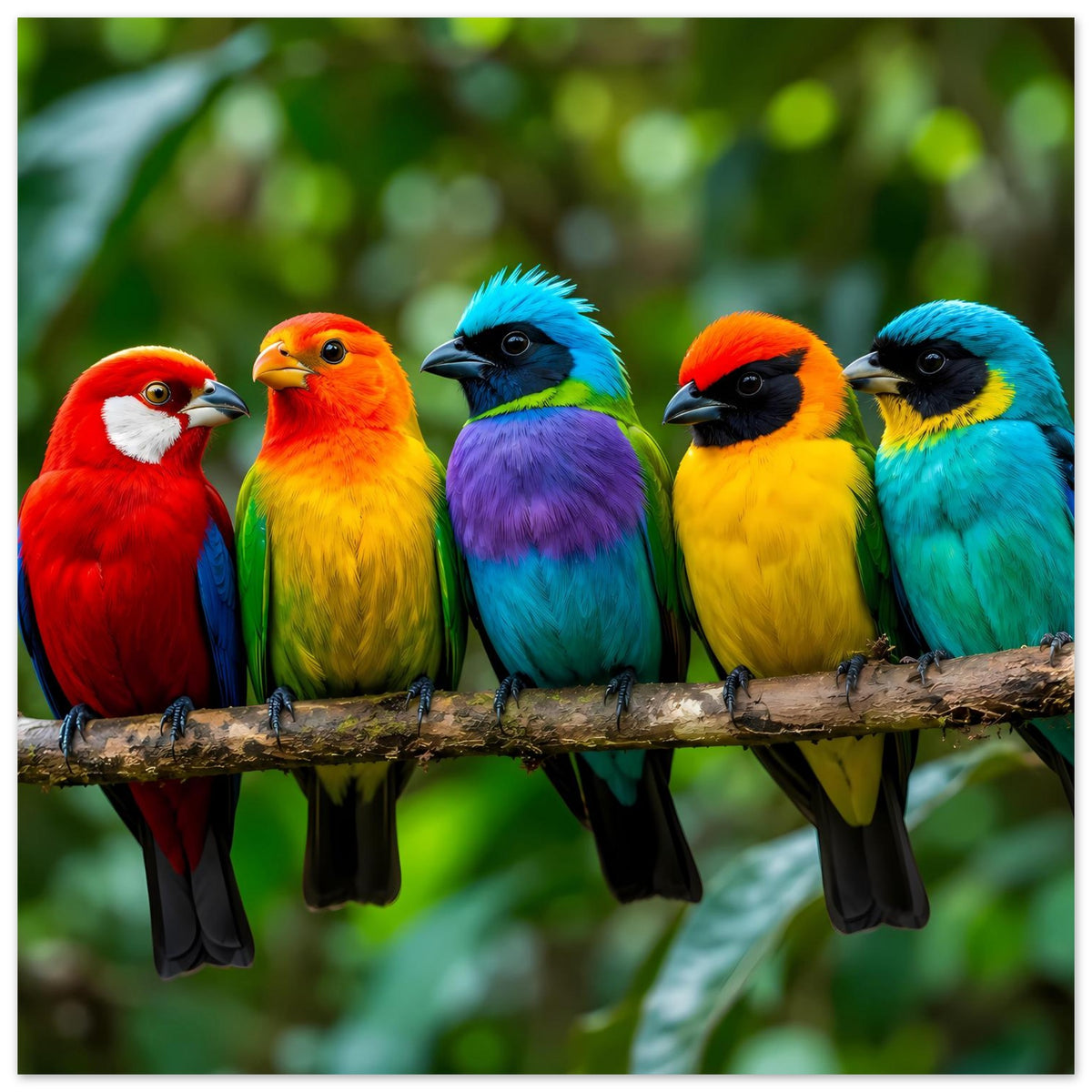 Poster mit tropischen Vögeln auf einem Ast, sechs Tiere in kräftigen Regenbogenfarben