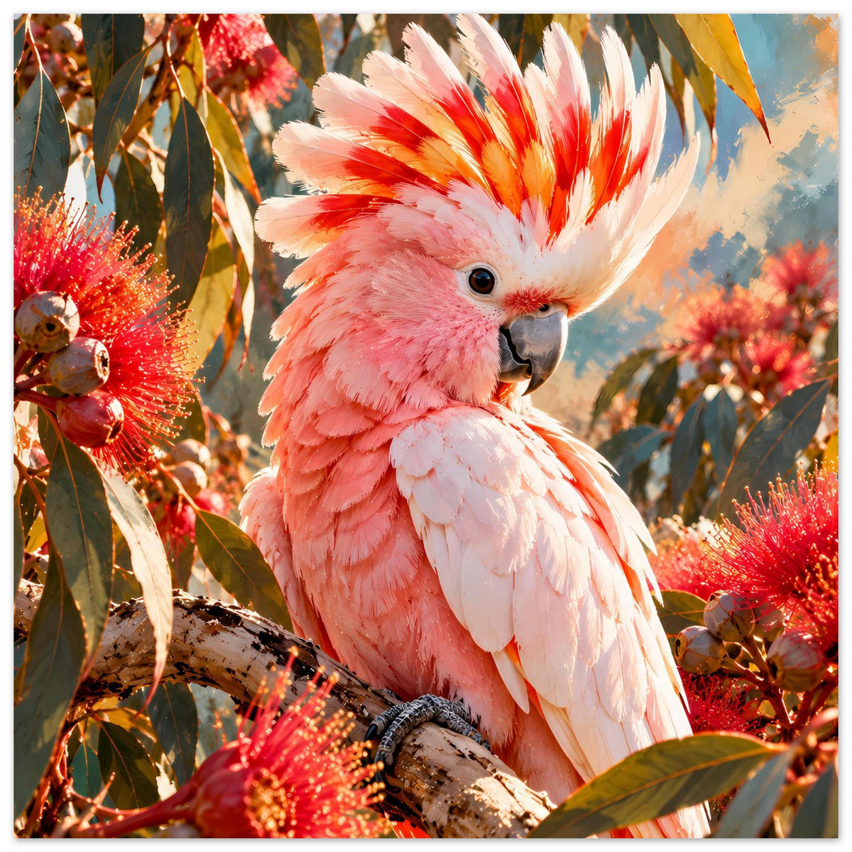 Querformat-Poster mit rosafarbenem Kakadu, orange-rote Haube und rote Blüten am Ast.