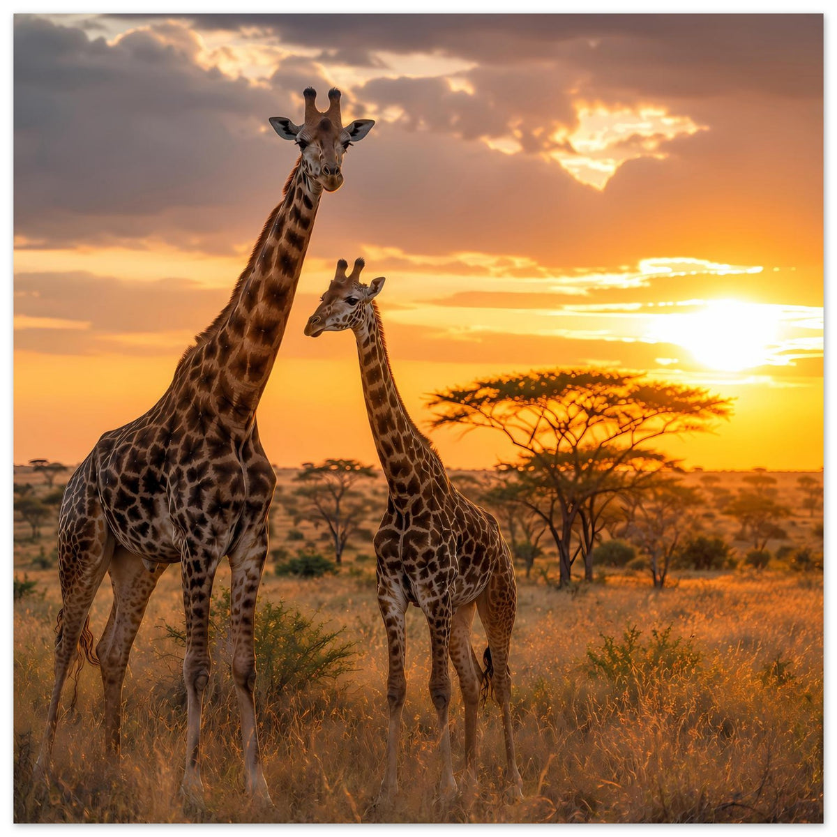 Poster mit drei Giraffen im Sonnenuntergang, breitformatig