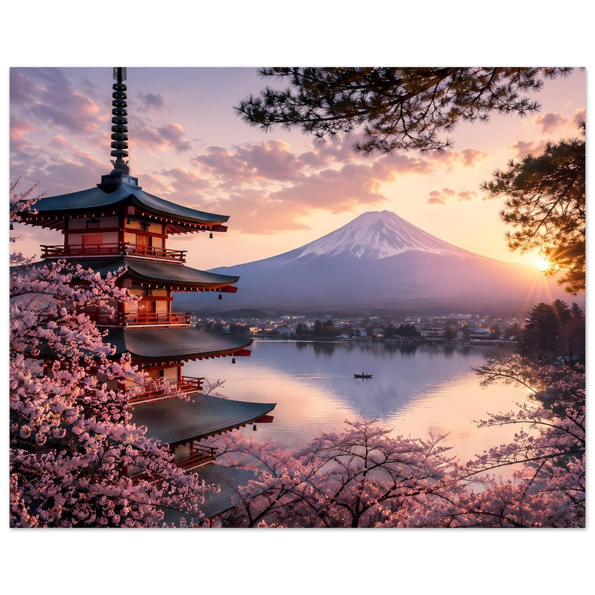Japanisches Pagoden- und Fuji-Bergposter, Kirschblüten unten und See im Abendlicht
