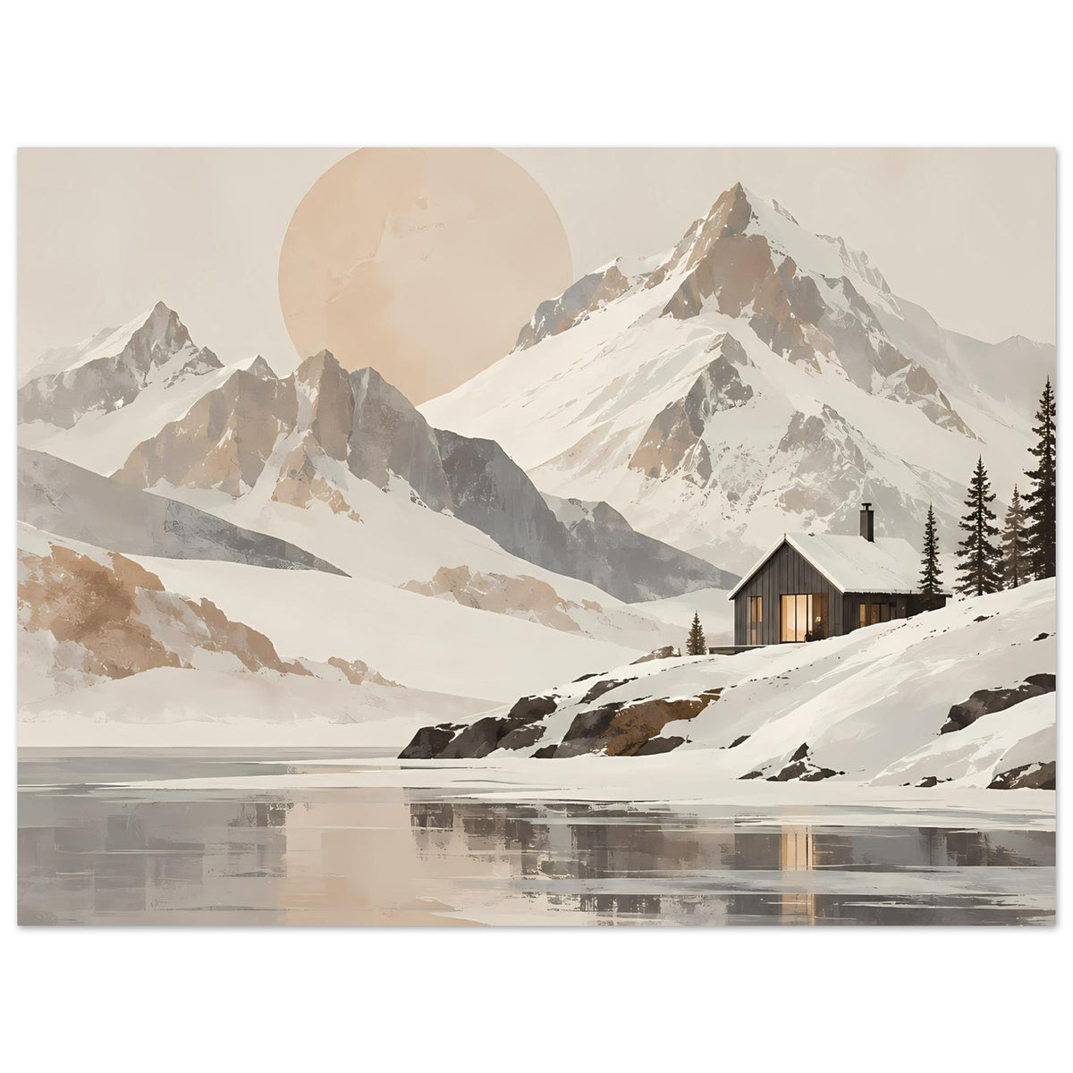 Poster mit verschneiter Berglandschaft und Chalet, neutrale Farbtöne, Panorama