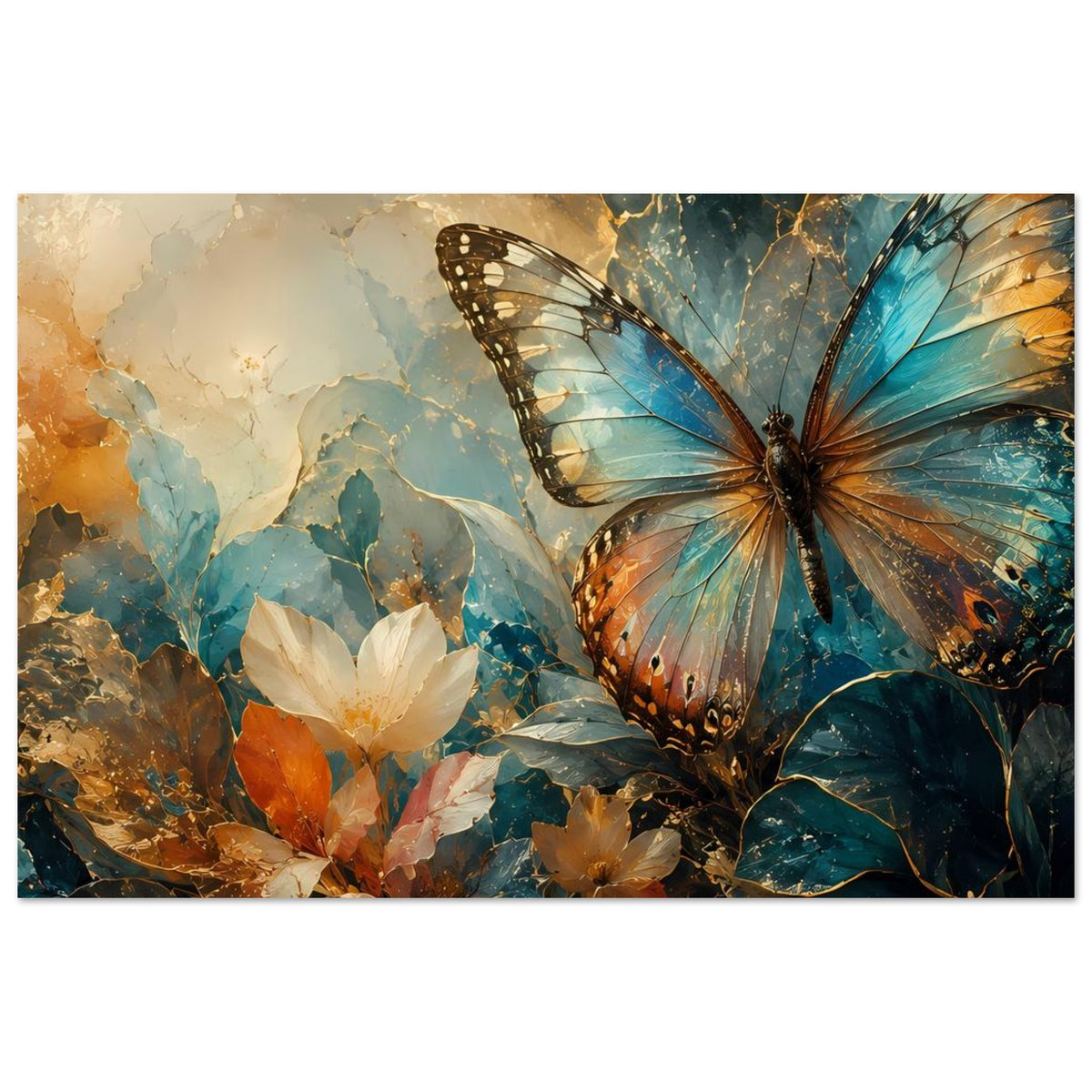 Horizontales Poster mit Schmetterling, blauen Flügeln und goldenen Linien über Blüten