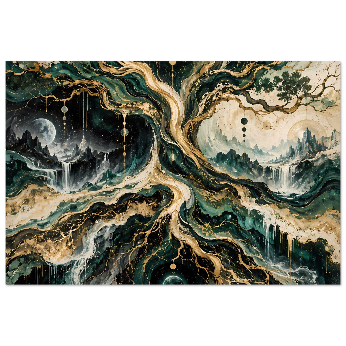 Wandposter: kosmischer Baum mit goldgrünen Wurzeln, Sternlinien und Berglandschaft