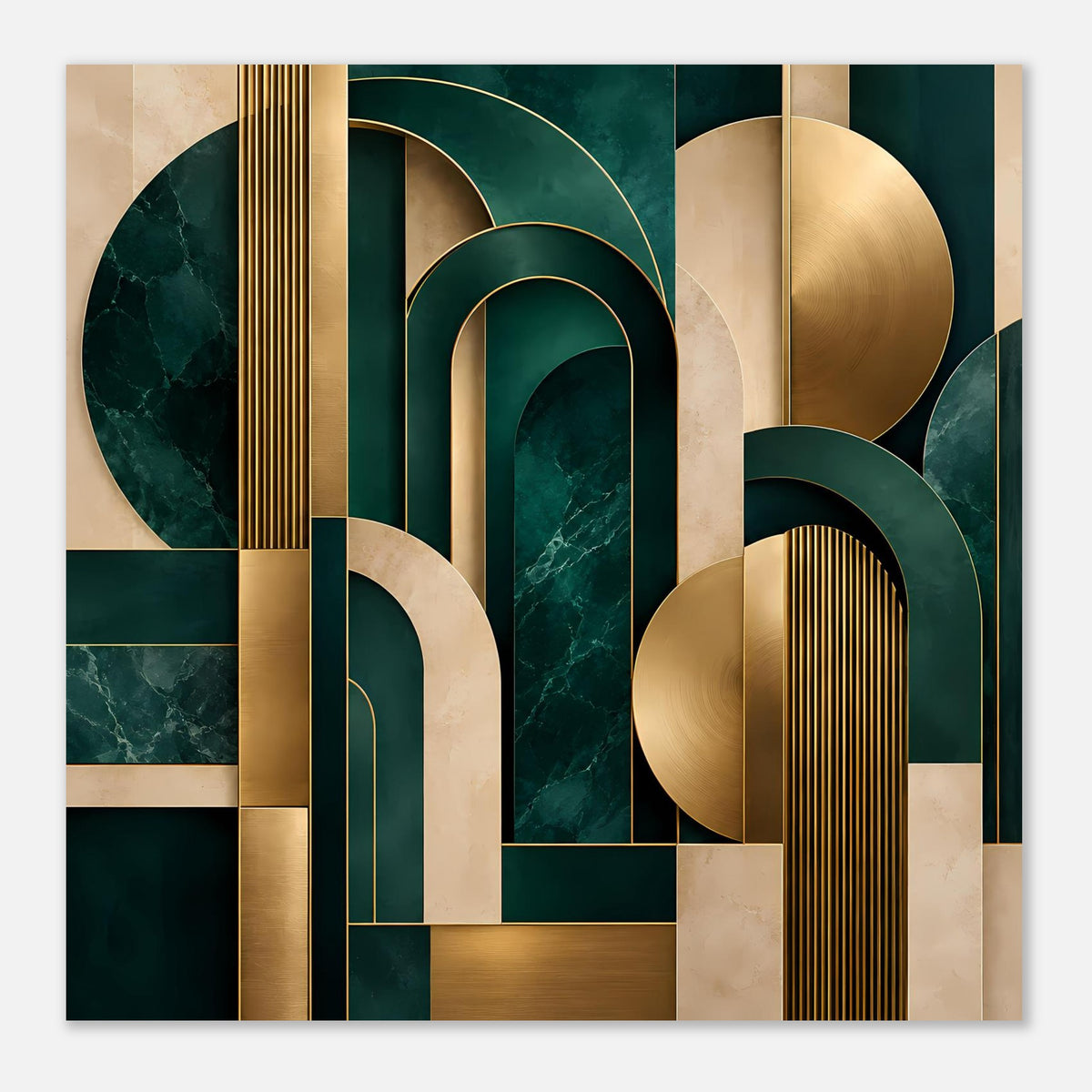 Art-Deco-Poster (Querformat) mit geometrischen Bögen, goldenen Streifen und dunkelgrünen Rechtecken.