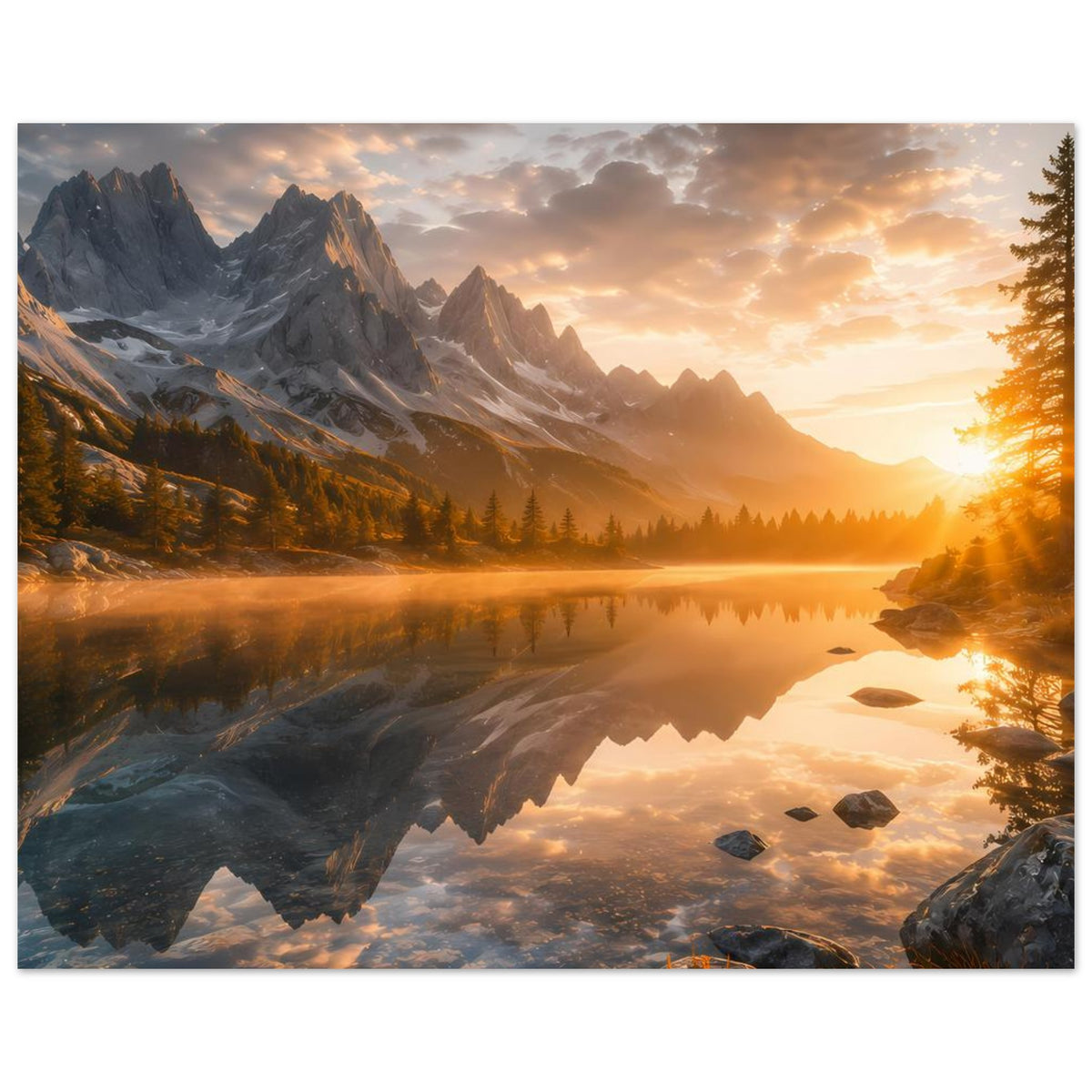 Sonnenbeschienenes Bergsee-Poster im Querformat: Sonnenuntergang über Bergsee mit Felsen am Rand