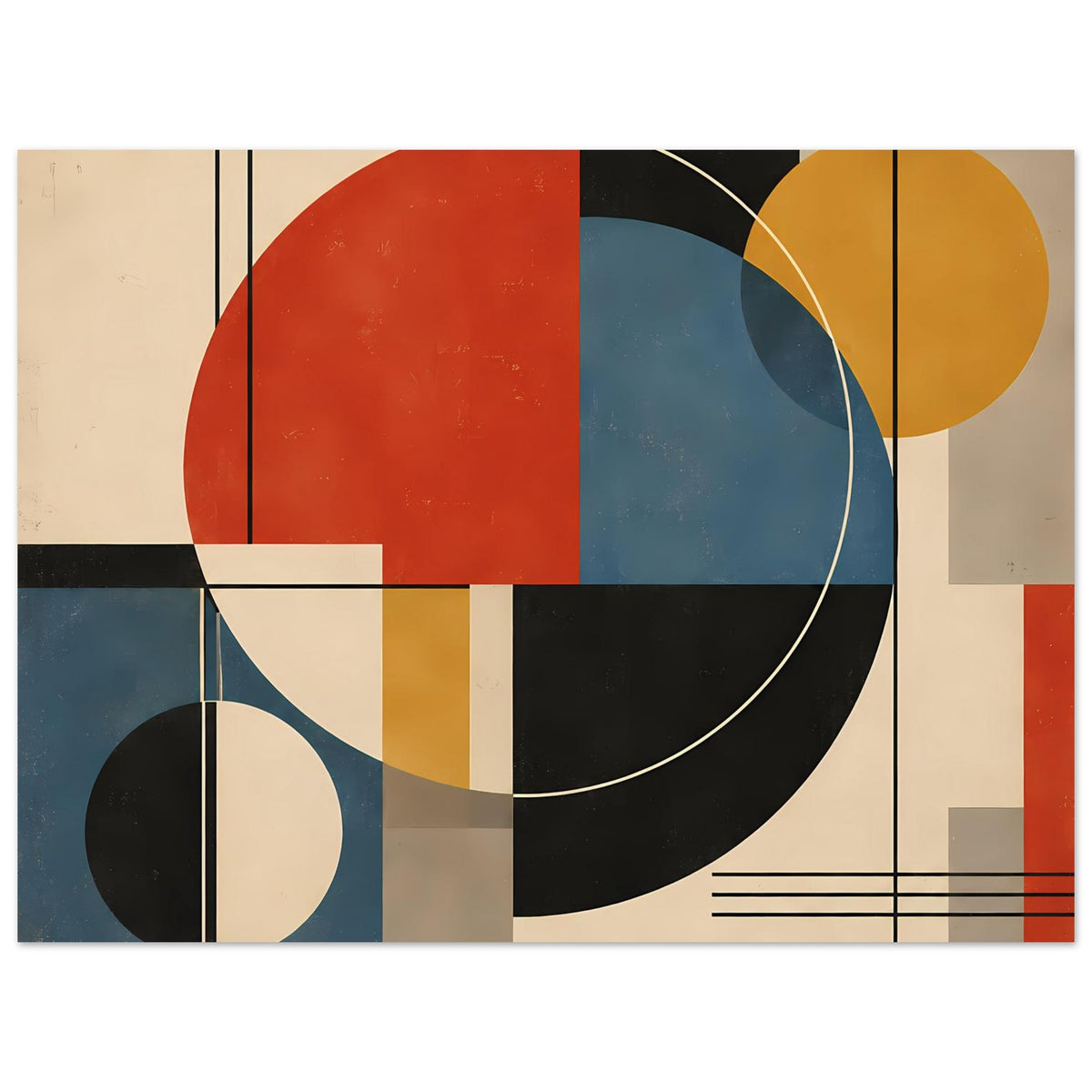 Abstraktes Geometrie-Poster (Querformat) mit überlappenden Kreisen, Rechtecken und Linien in Rot/Blau.