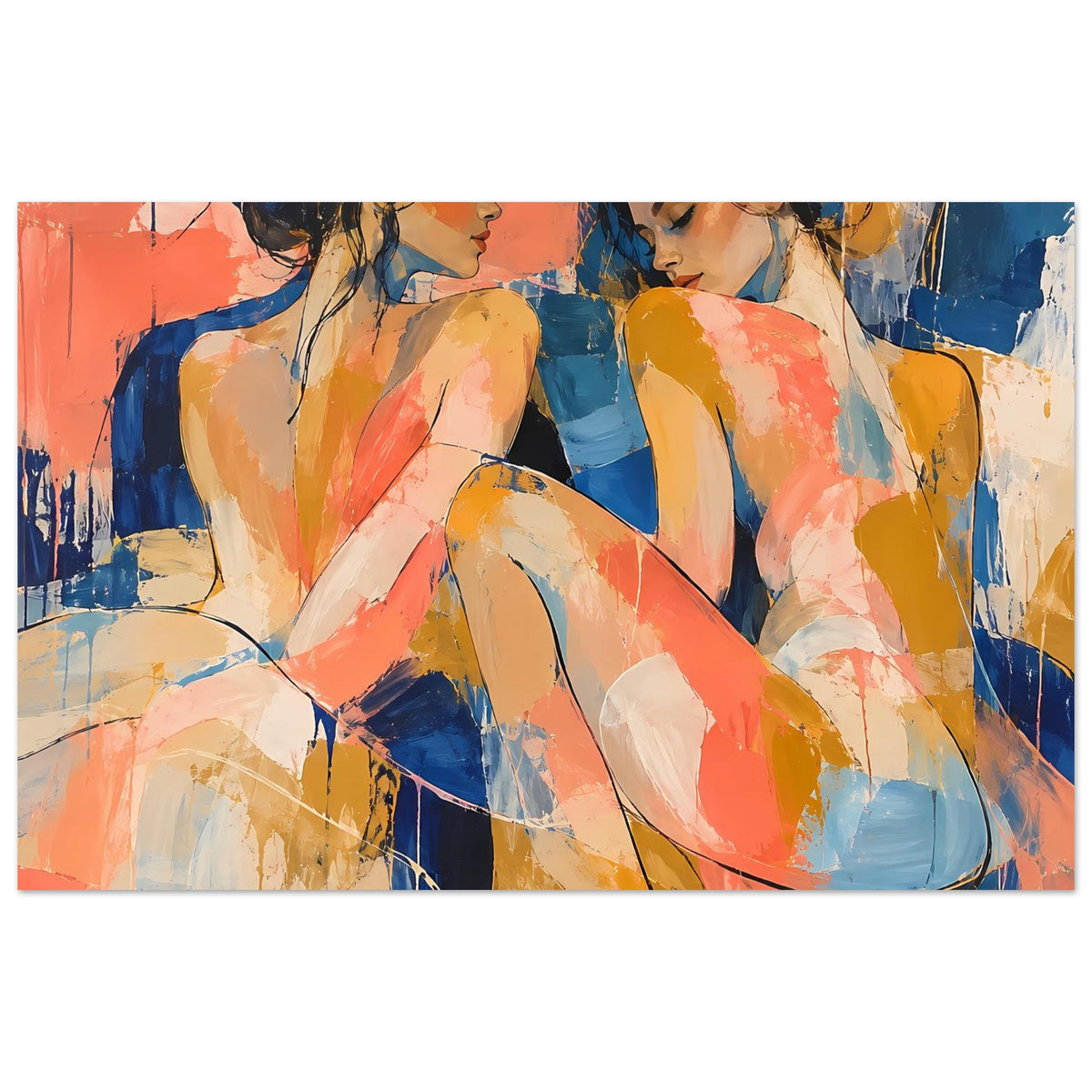 Kunstposter im Querformat mit abstrakten Figurenpaaren in Blau und Koralle