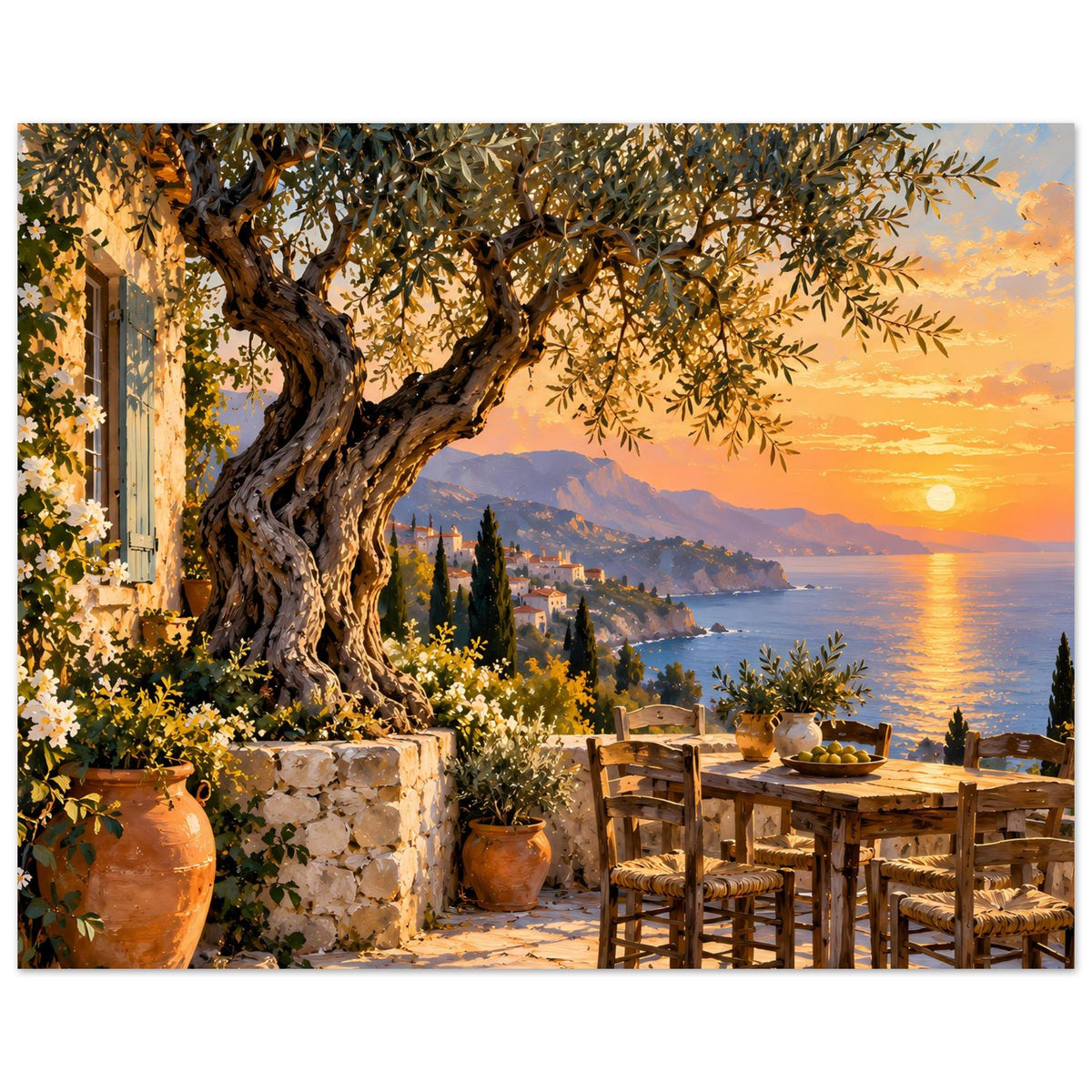 Kunstdruck mit Olivenbaum, Stühlen und Tisch auf der Terrasse, Meer im Abendsonnenschein
