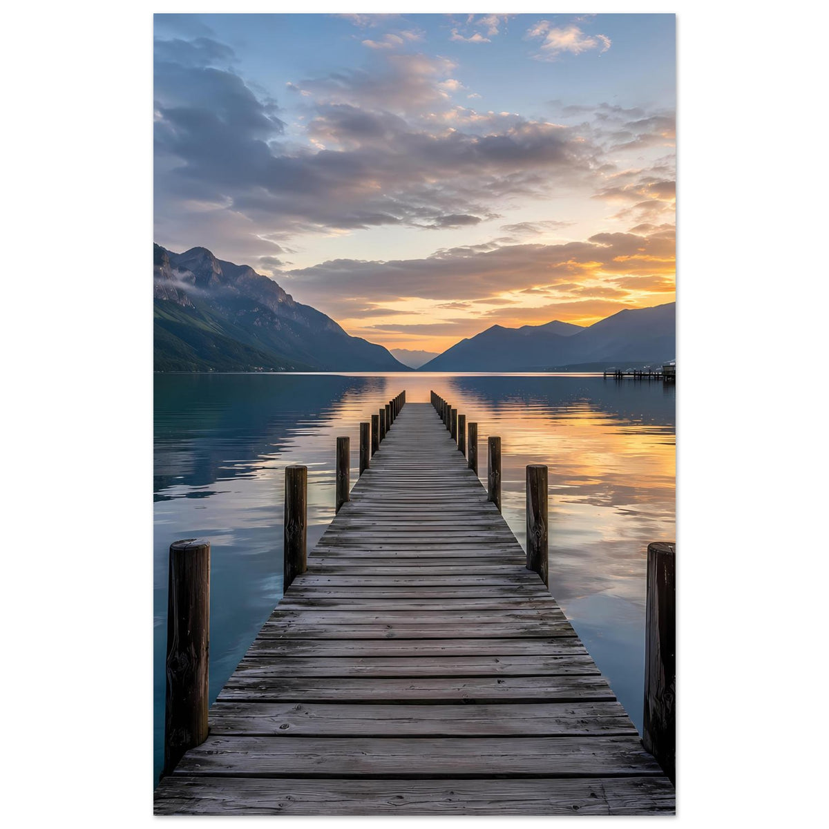 Poster im Hochformat: Holzsteg am Seeufer, Sonnenuntergangsfarben, Berge und Wolken am Himmel