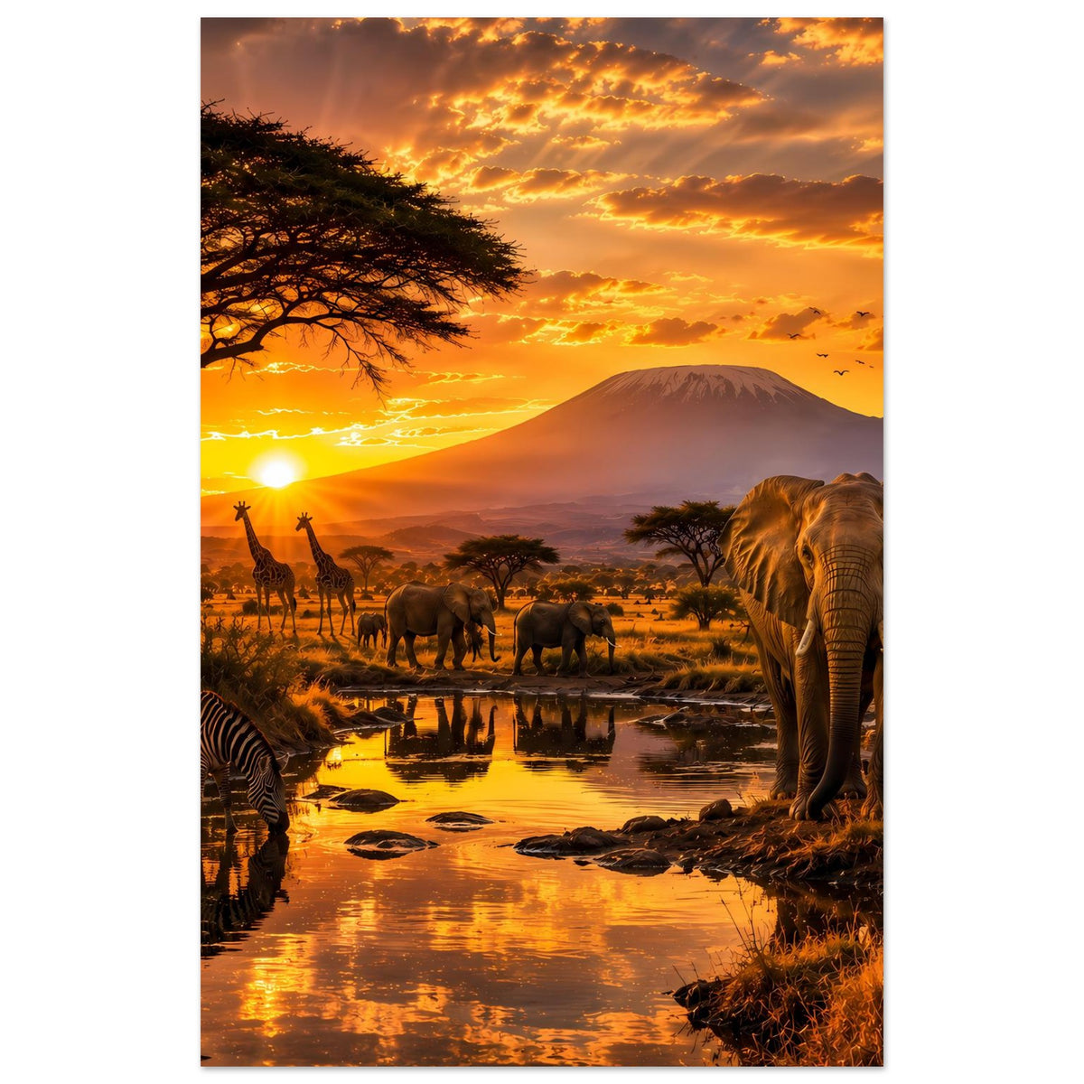 Vertikales Poster mit afrikanischer Tierwelt: Elefant rechts, Zebras links, Fluss bei Sonnenuntergang.