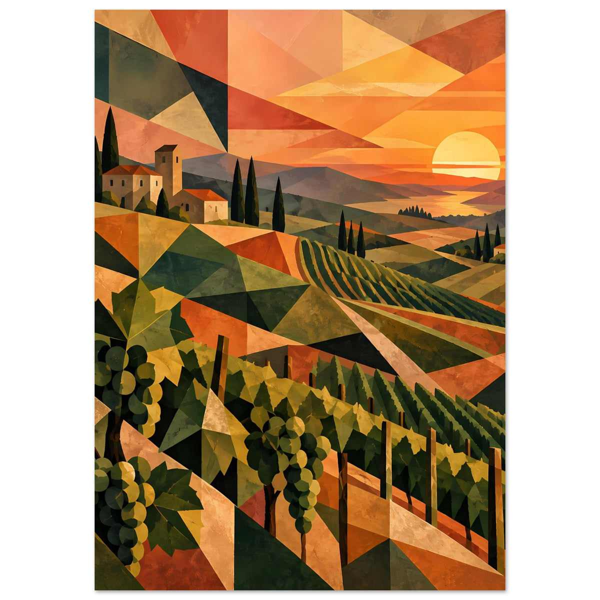 Vertikales Poster mit Weinbergen im abstrakten Stil, Rebenreihen und warmem Sonnenuntergang