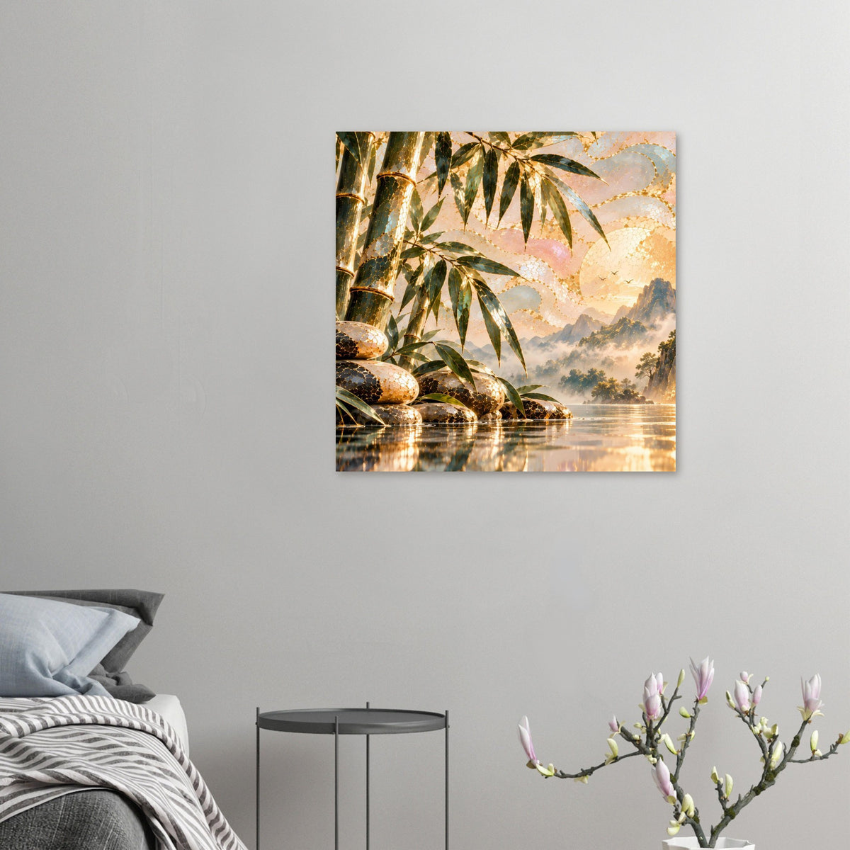 Kleines Zen-Poster mit Bambus, glatten Steinen und Wasserlauf in goldener, ruhiger Szene