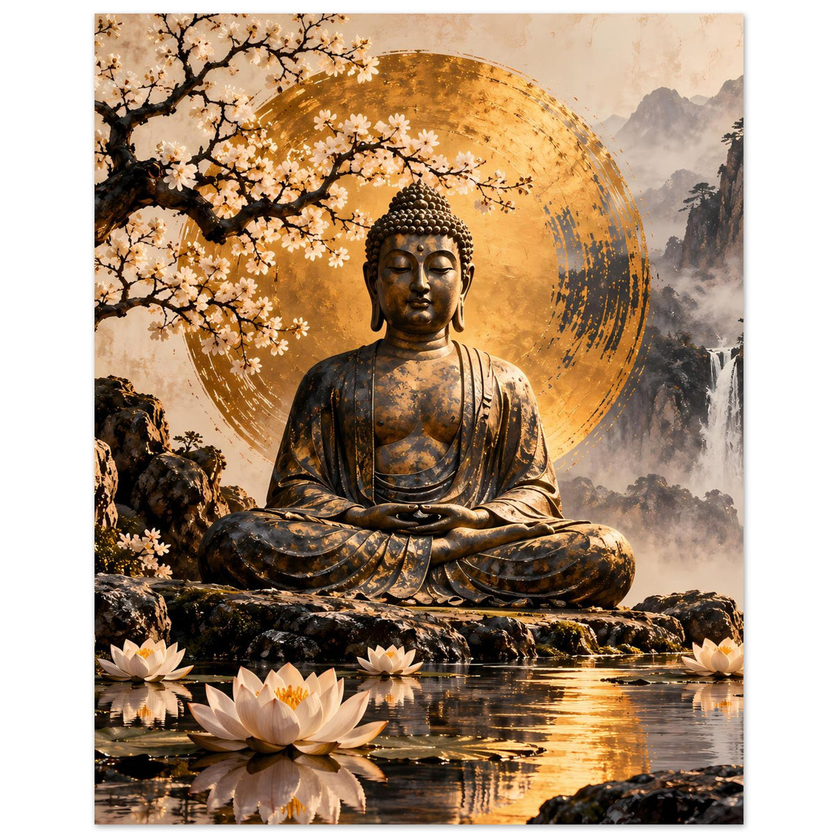 Zen-Buddha-Poster (Hochformat): sitzender Buddha mit goldener Aura, Lotus und Kirschblüten