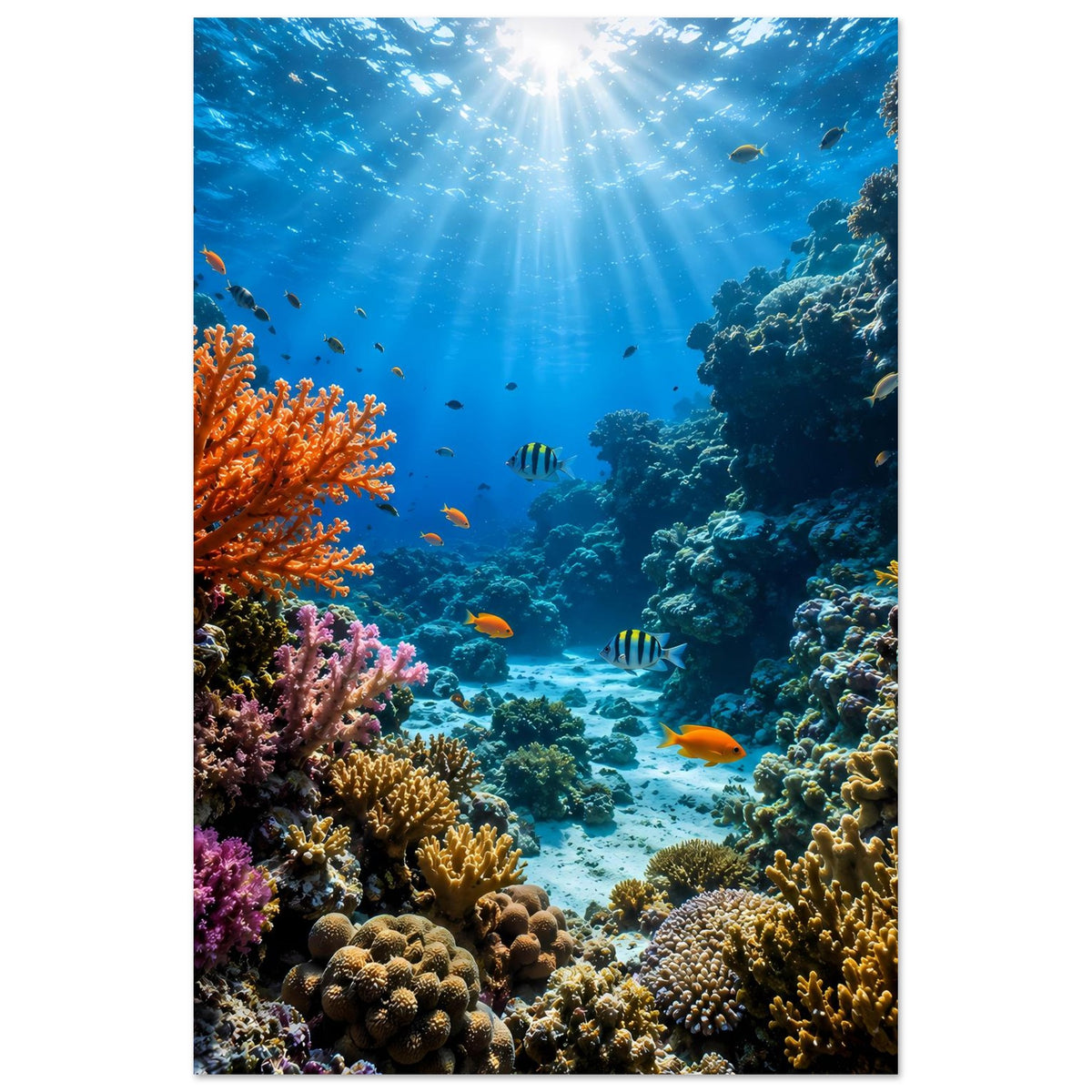 Unterwasser-Poster mit Korallenriff, Fischen und leuchtenden Sonnenstrahlen im blauen Wasser