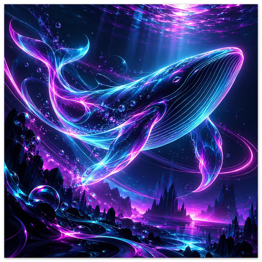 Neon-Unterwasserposter mit Wal-Motiv in Pink und Blau, umgeben von Wassertropfen und Lichtstreifen