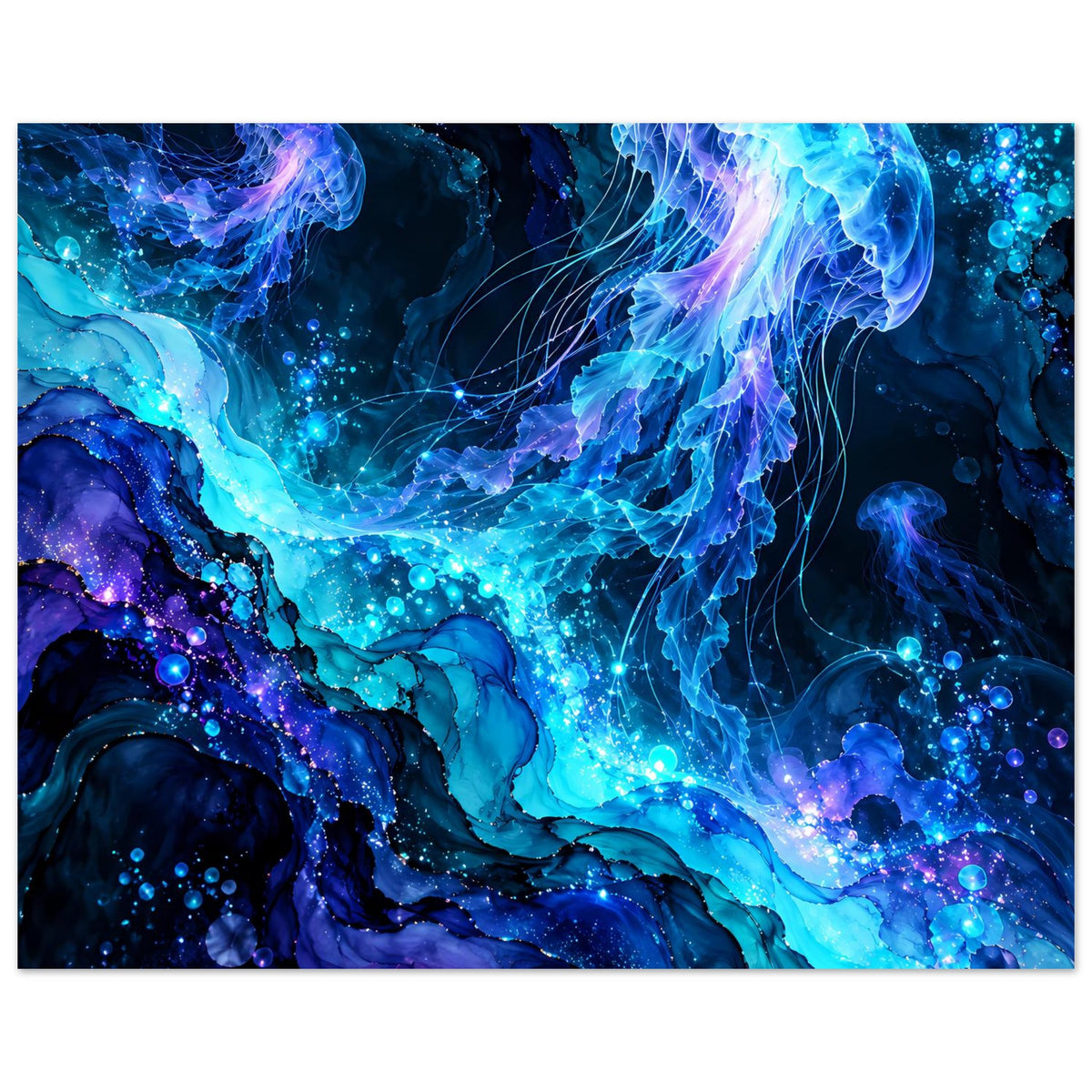 Unterwasser-Poster mit leuchtender Quallenlandschaft, schimmernden Blasen, blau-violett