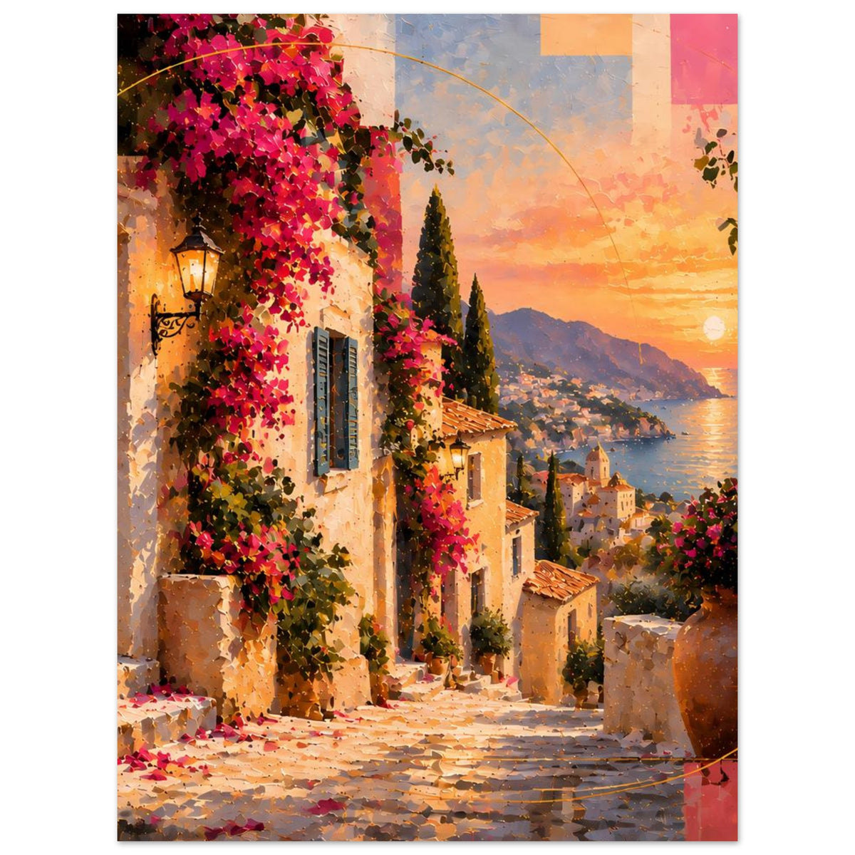 Poster im Hochformat mit mediterraner Gasse, blühenden Ranken, Laterne und Abendsonne