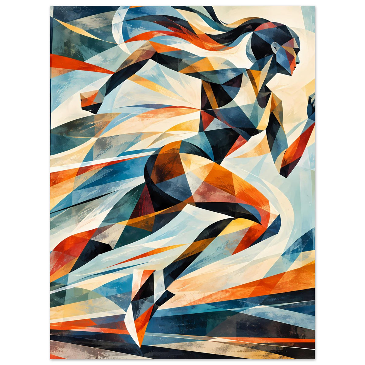 Abstraktes Läuferin-Poster mit geometrischem Körper und wehender Silhouette, blau/orange