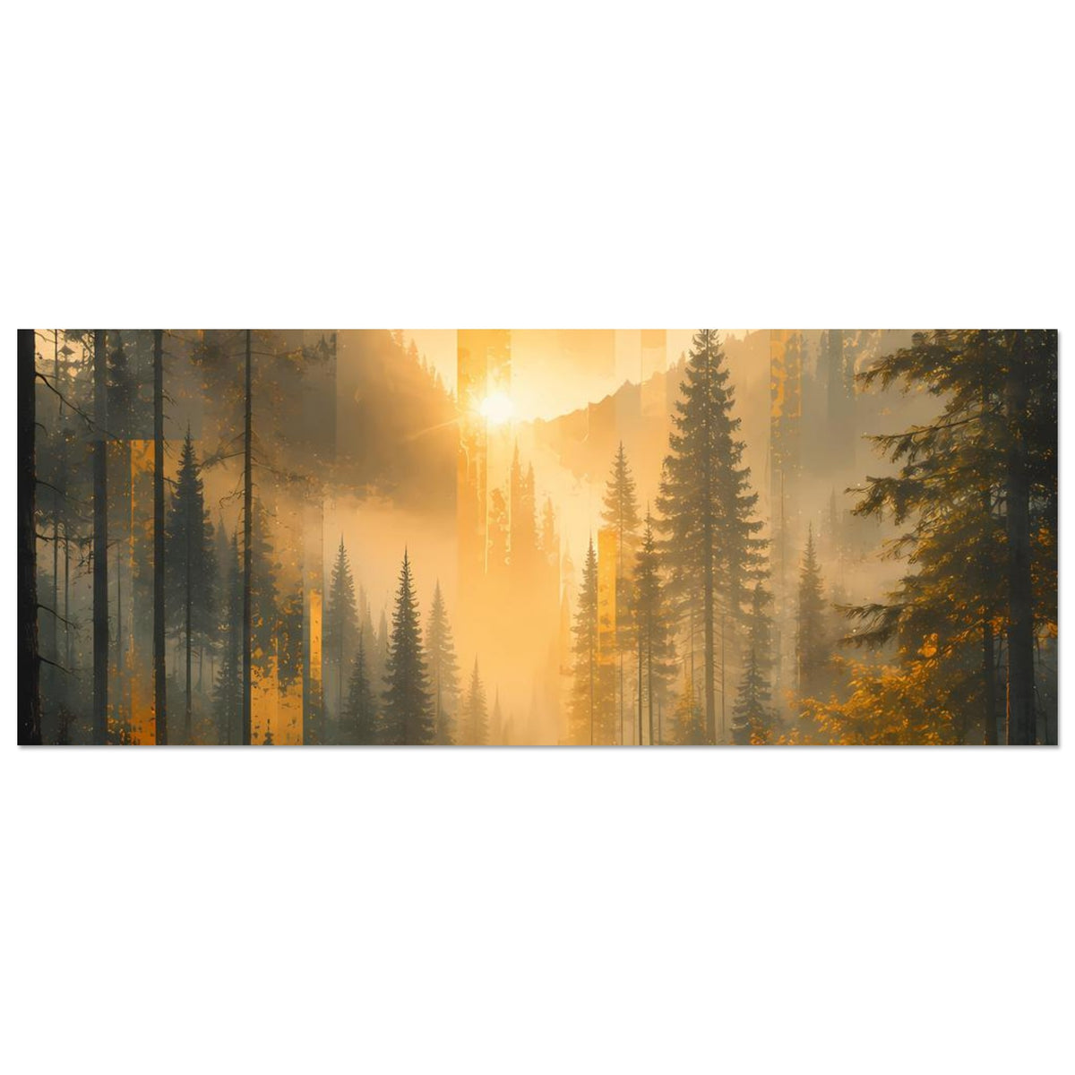 Horizontales Poster: Wald mit Tannen und Nebel, Sonnenstrahlen über dem Fluss