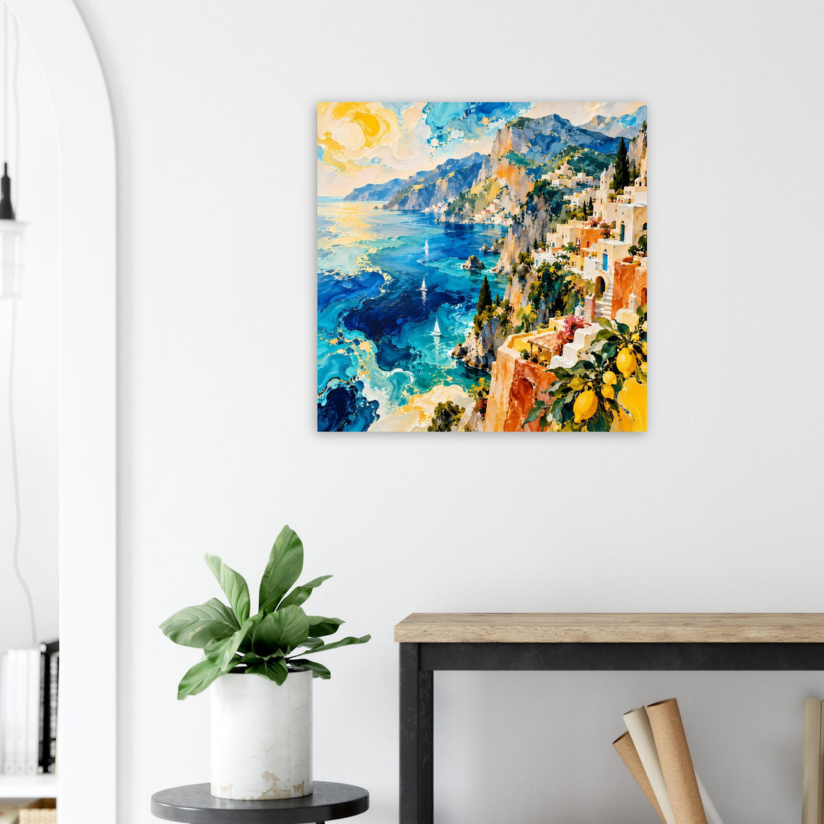 Kunstdruck mediterrane Küste mit blauem Meer, Felsen und orange-gelben Häusern