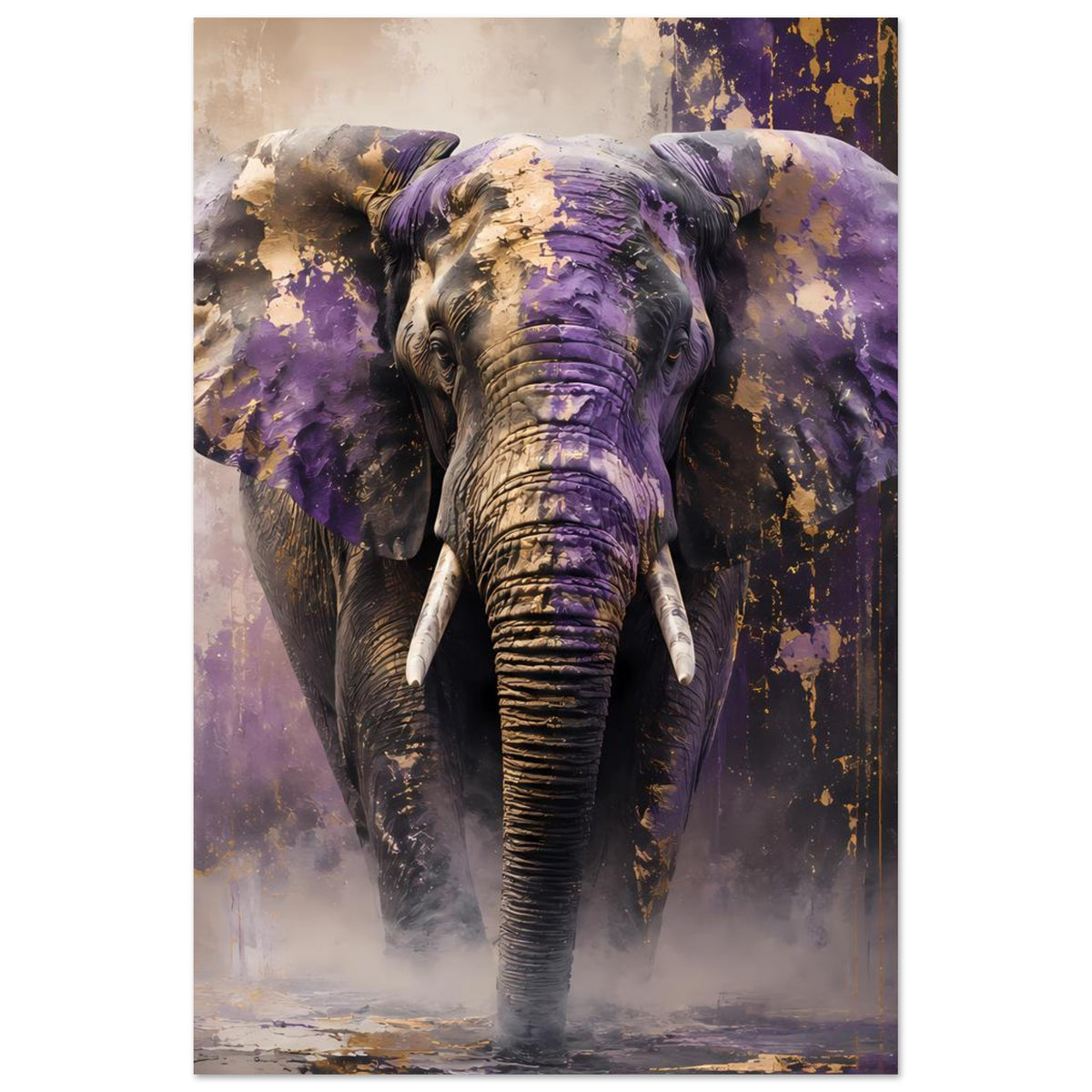 Abstraktes Elefantenposter, mittiger Elefantenkopf in Violett mit goldenen Farbakzenten