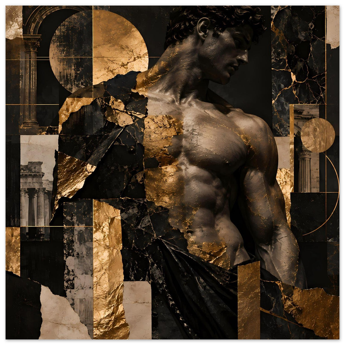 Kunstposter mit Statue im Profil, Schwarz-Gold-Collage, Säulenrahmen und Kreisform