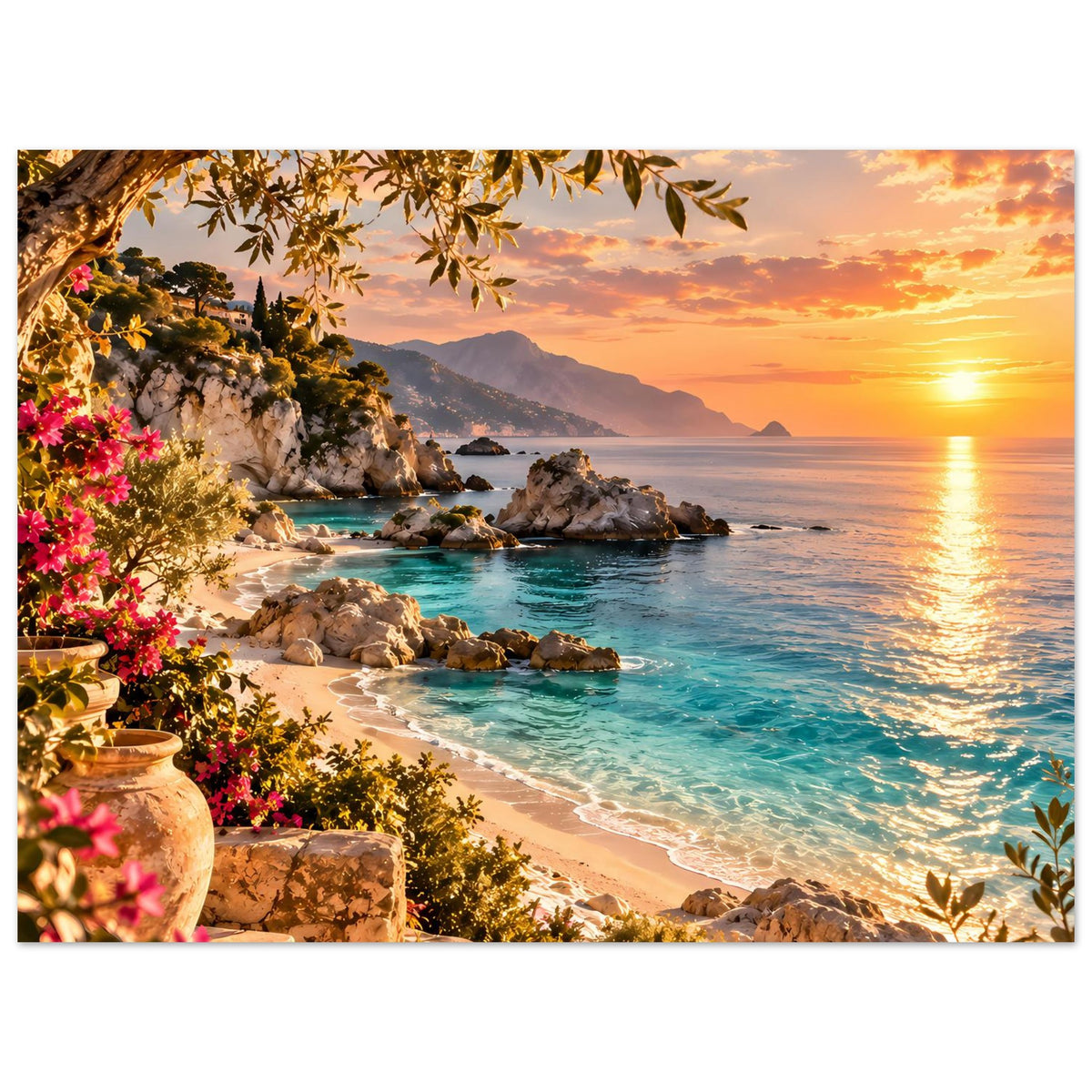 Strandposter im Querformat: Sonnenuntergang am Strand, türkisfarbenes Wasser, Felsen und Blumen links.