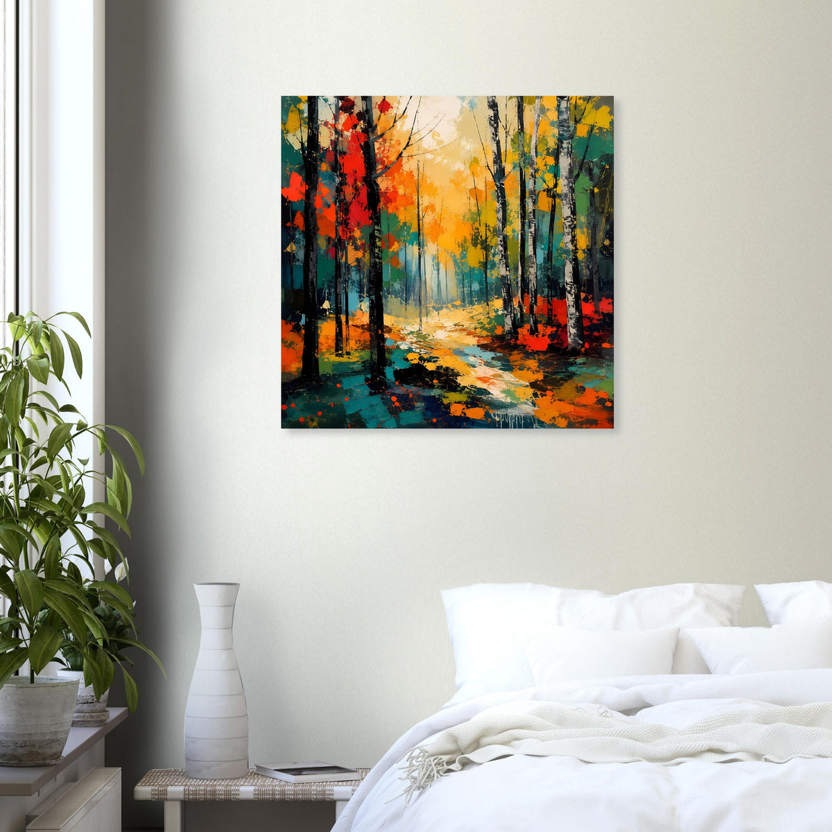 Quadratisches Poster mit Herbstwald-Motiv, gelb-orange Bäume und Weg in der Tiefe