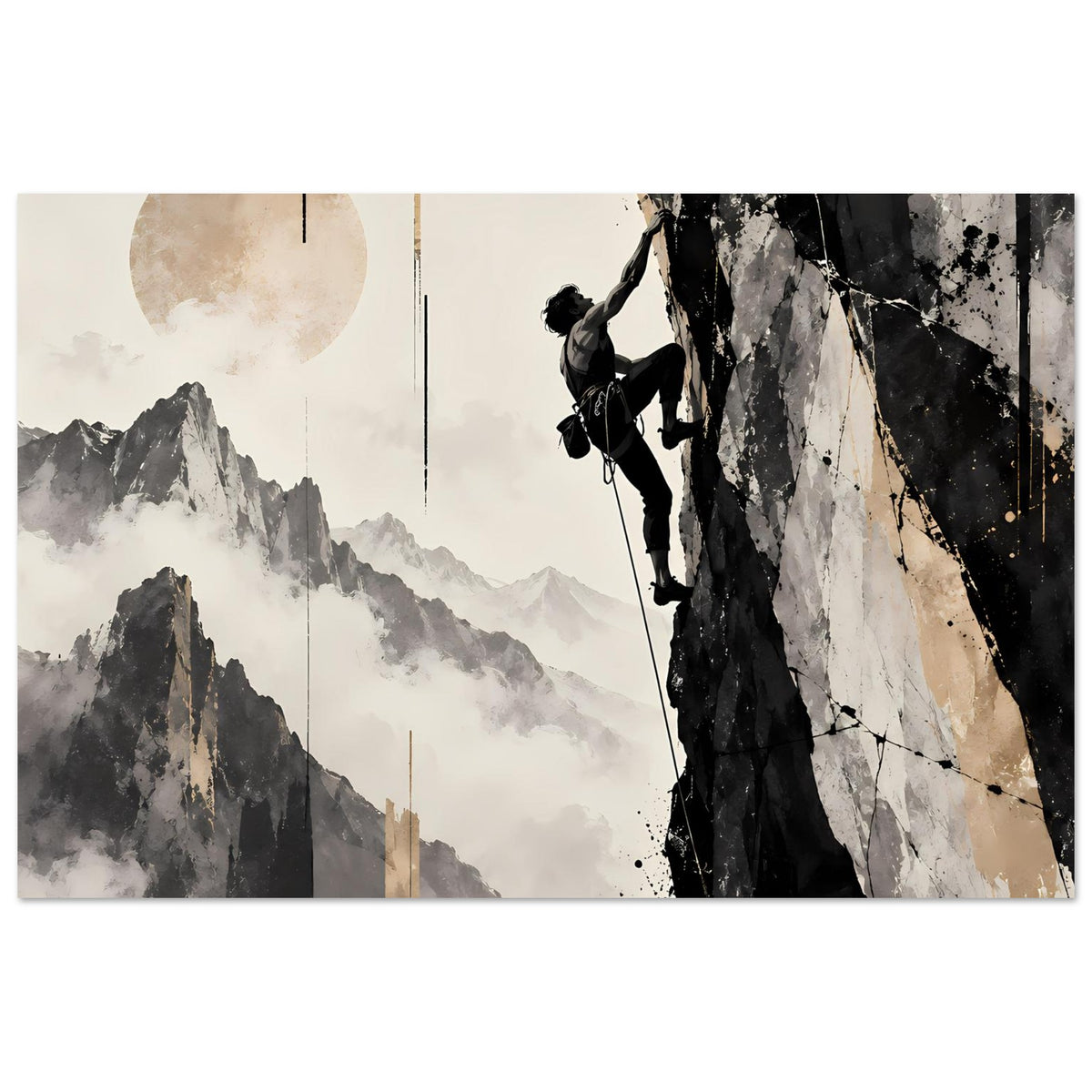 Kunstdruck im Querformat: Bergkletterer an Fels, Berge mit Nebel, Schwarz-Grau-Beige Akzente