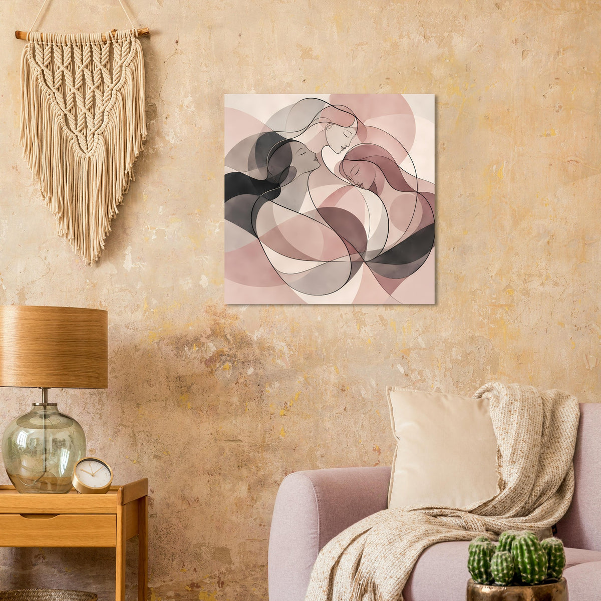 Abstraktes Poster mit drei Frauen in Rosé und Creme