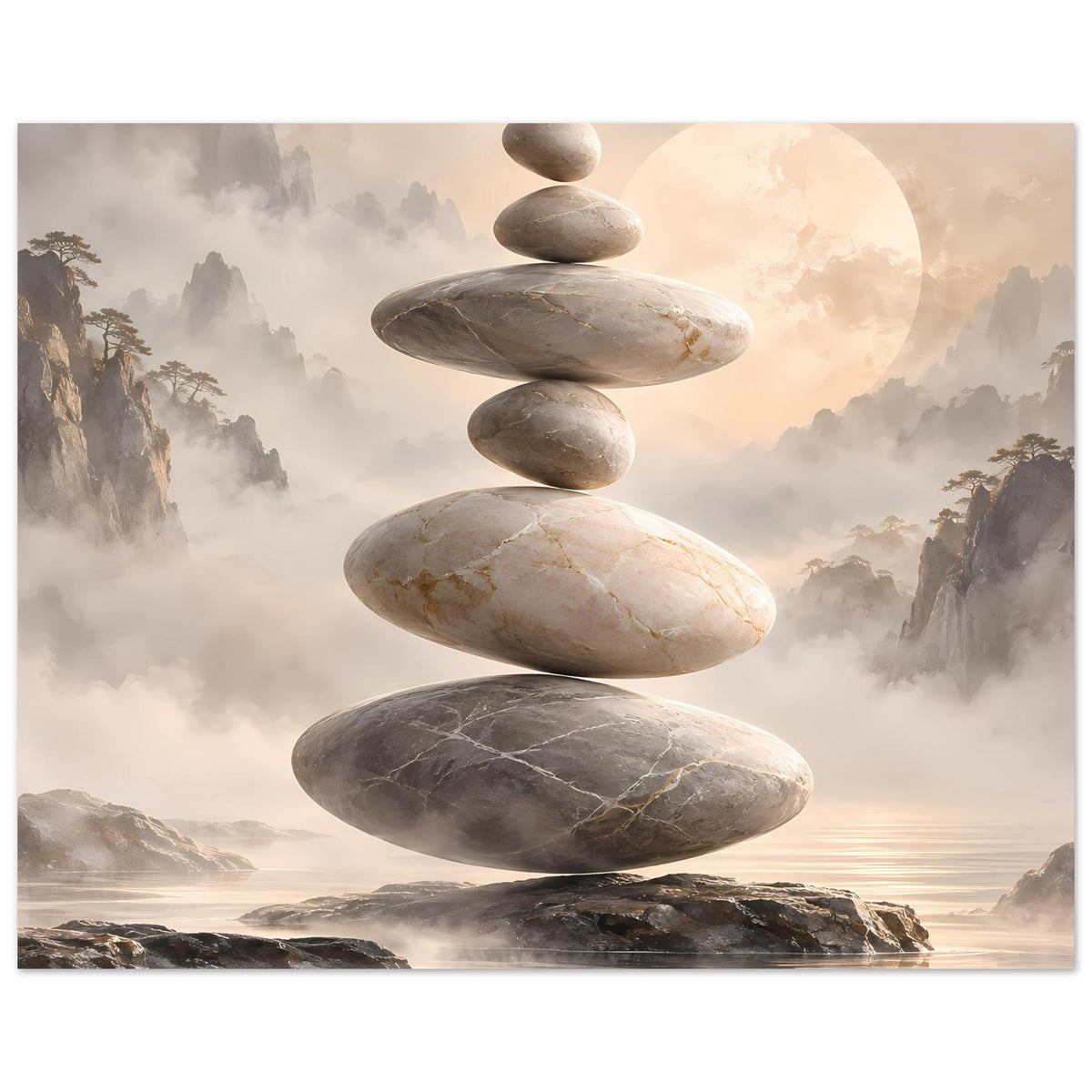 Zen-Steine in Balance vor nebligem Hintergrund in sanften Beige- und Grautönen – Posteransicht 42