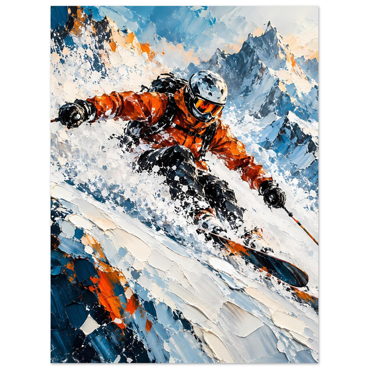 Wintersport-Poster: orange Skifahrer mit Helm, rasant Abfahrt, blaue Schneehügel
