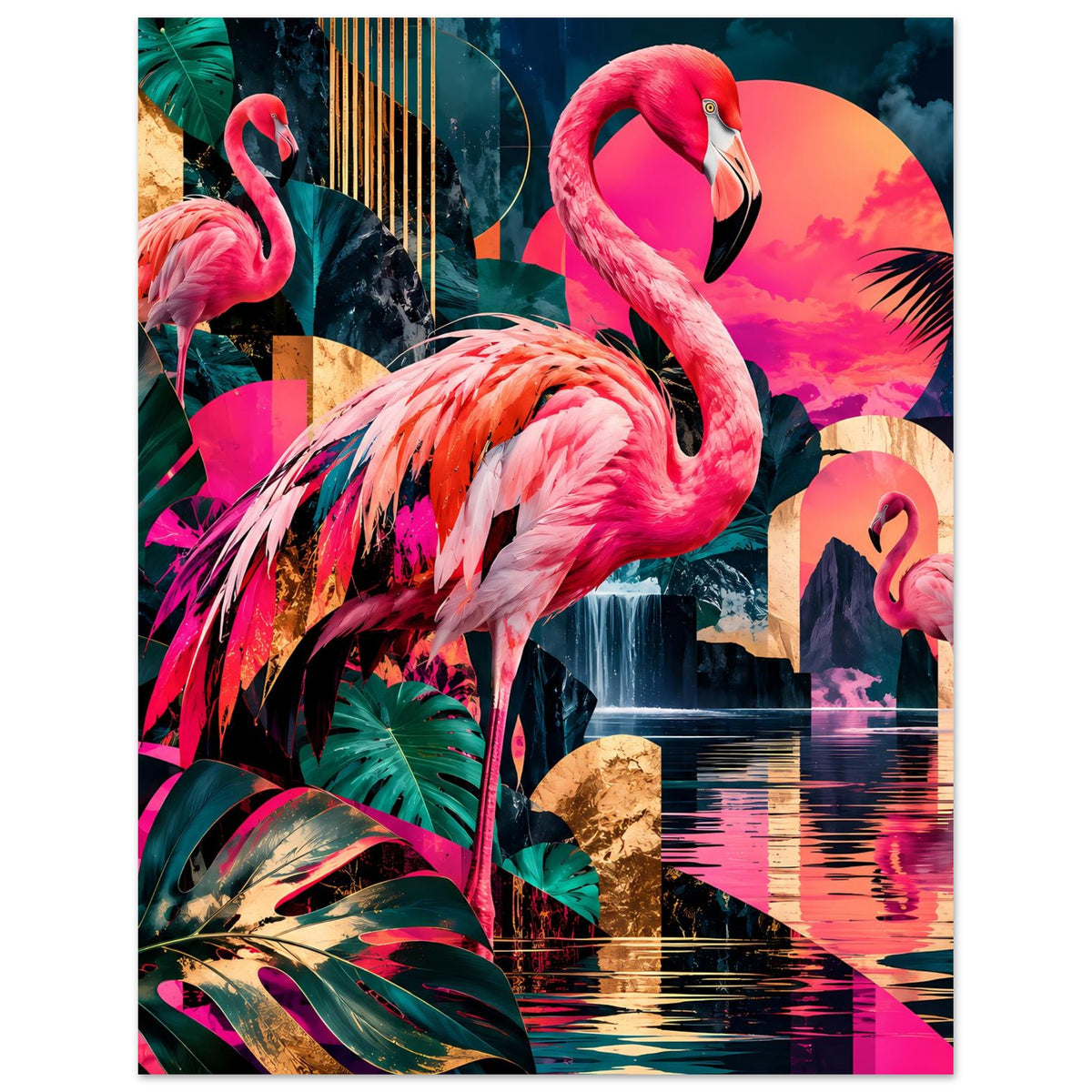 Poster mit großem pinkem Flamingo, Palmenblättern und Wasserreflexionen in Farben