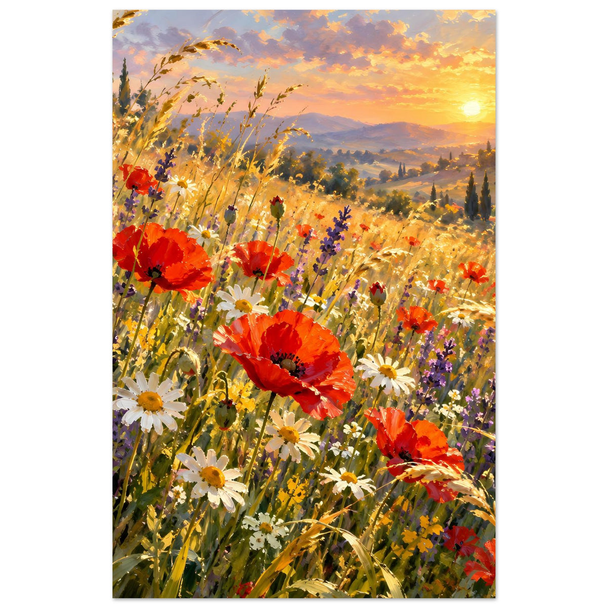 Leuchtendes Wildblumenfeld-Poster: roter Mohn, weiße Blumen und Abendsonne im Feld