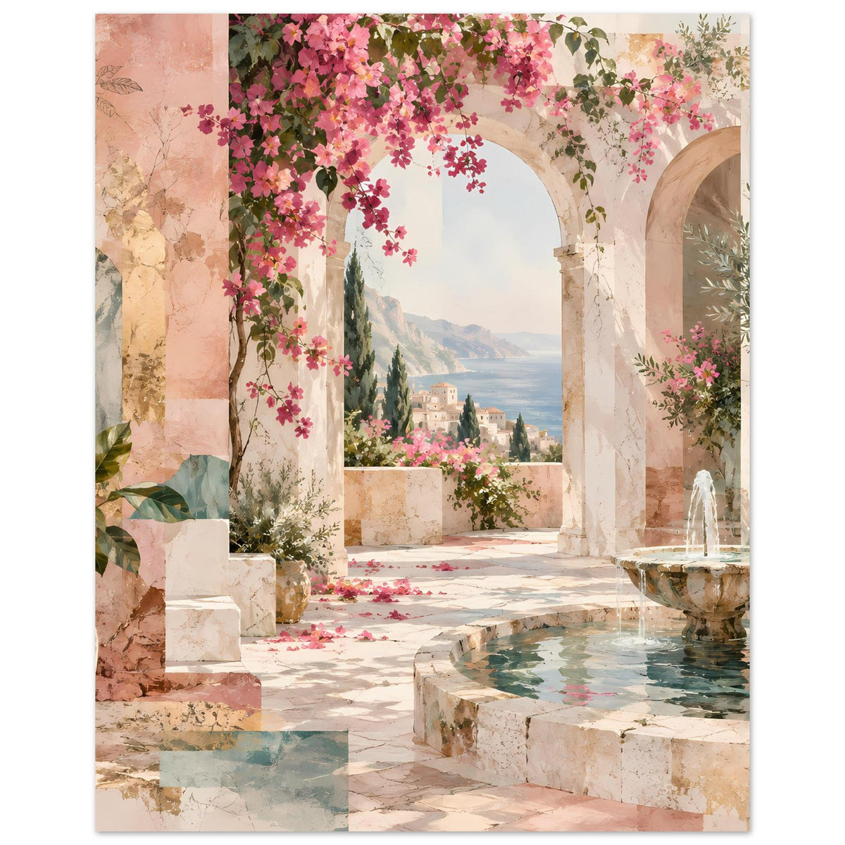 Kunstposter mit Terrasse unter Blütenranken, Steinbögen und Springbrunnenbecken.