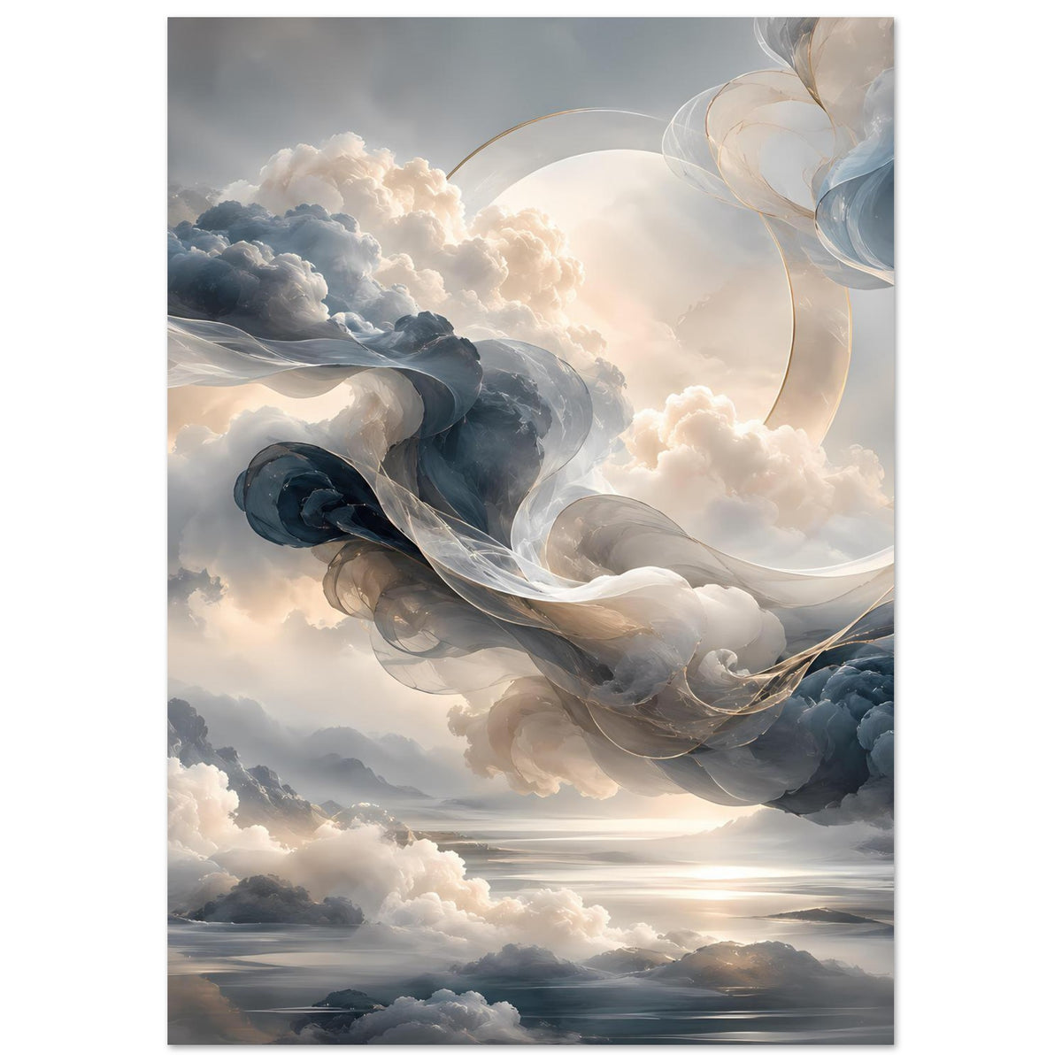 Abstraktes Himmelsposter im Hochformat: weiße und blaue Wolkenbänder, goldener Lichtschein
