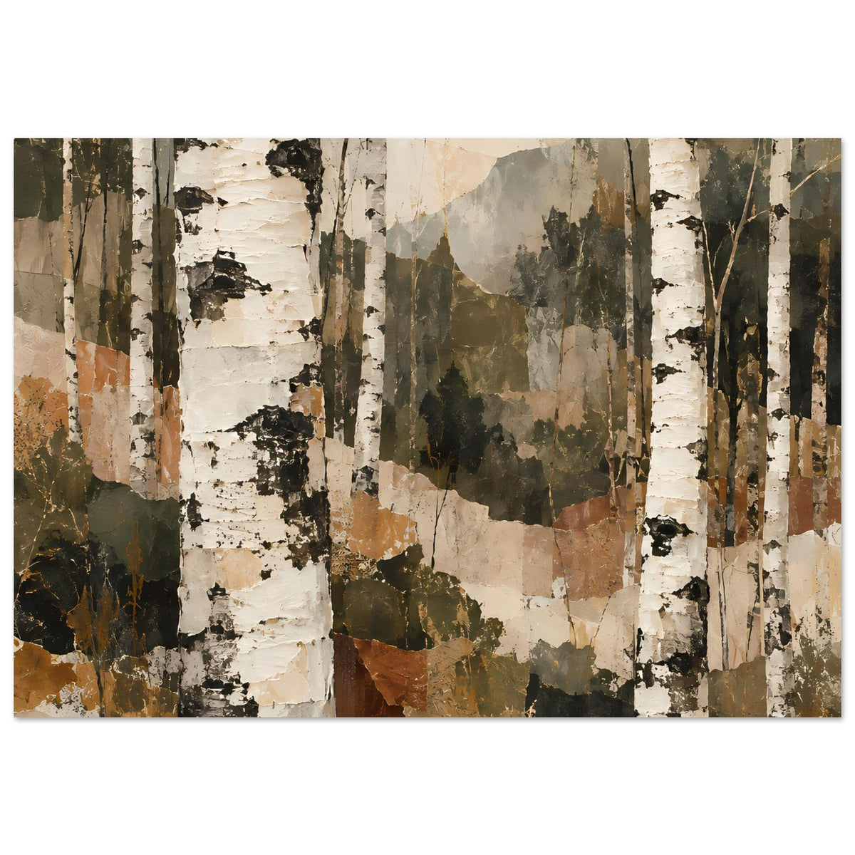 Kunstposter mit Birkenwald-Motiv, Querformat; Birkenstämme in Weiß, Braun und Dunkelgrün