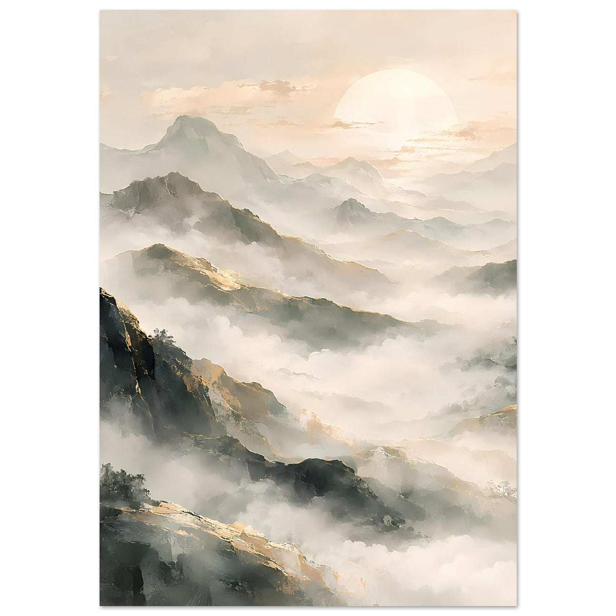 Poster mit Bergpanorama und Nebelschichten, Pastellsonne über den Gipfeln