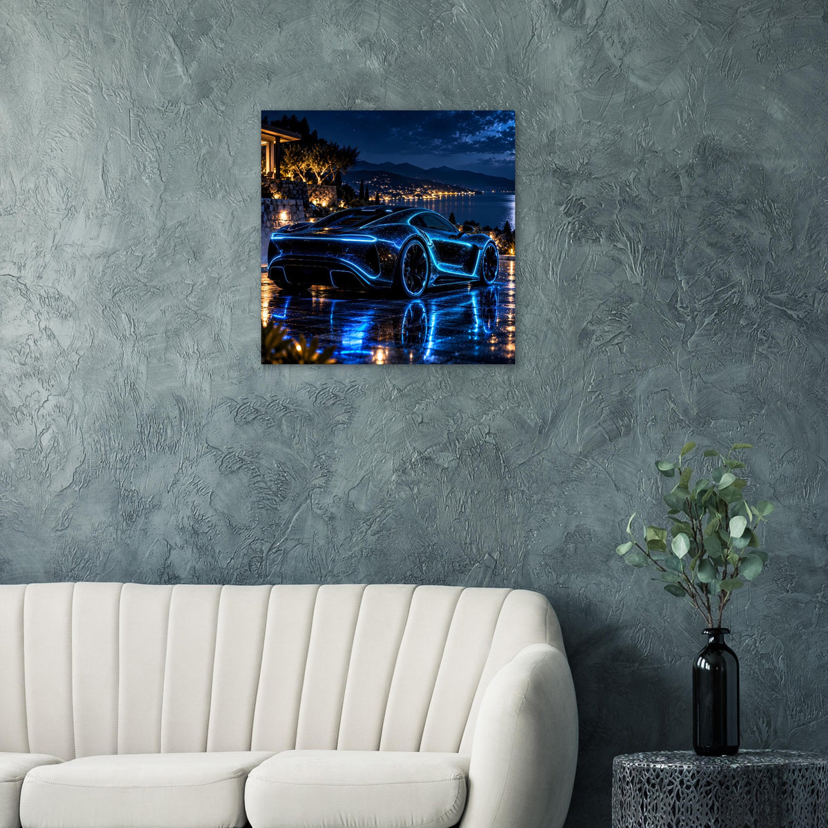 Poster mit blauem Neon-Sportwagen bei Nacht, Lichter und spiegelnde Wasseroberfläche