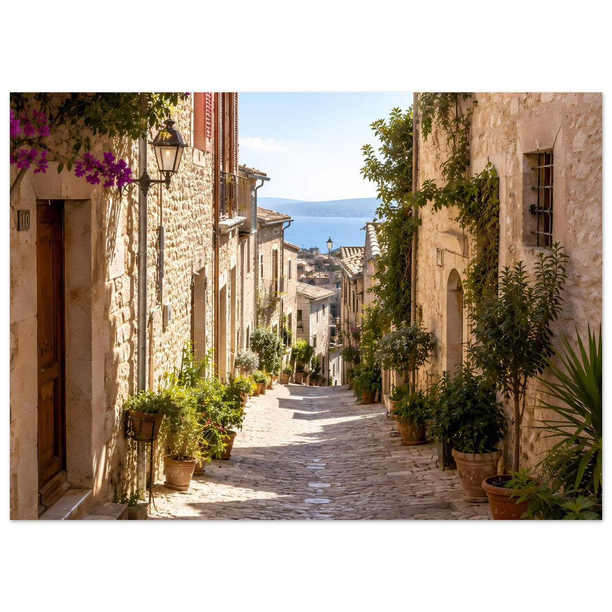 Poster auf matter Papier: mediterrane Gasse, Steinweg, Terrakotta-Gebäude und Grünpflanzen