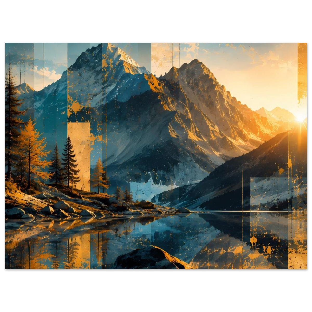 Landschaftsposter im Panoramaformat mit Berglandschaft, Tannenwald und Spiegelung im See