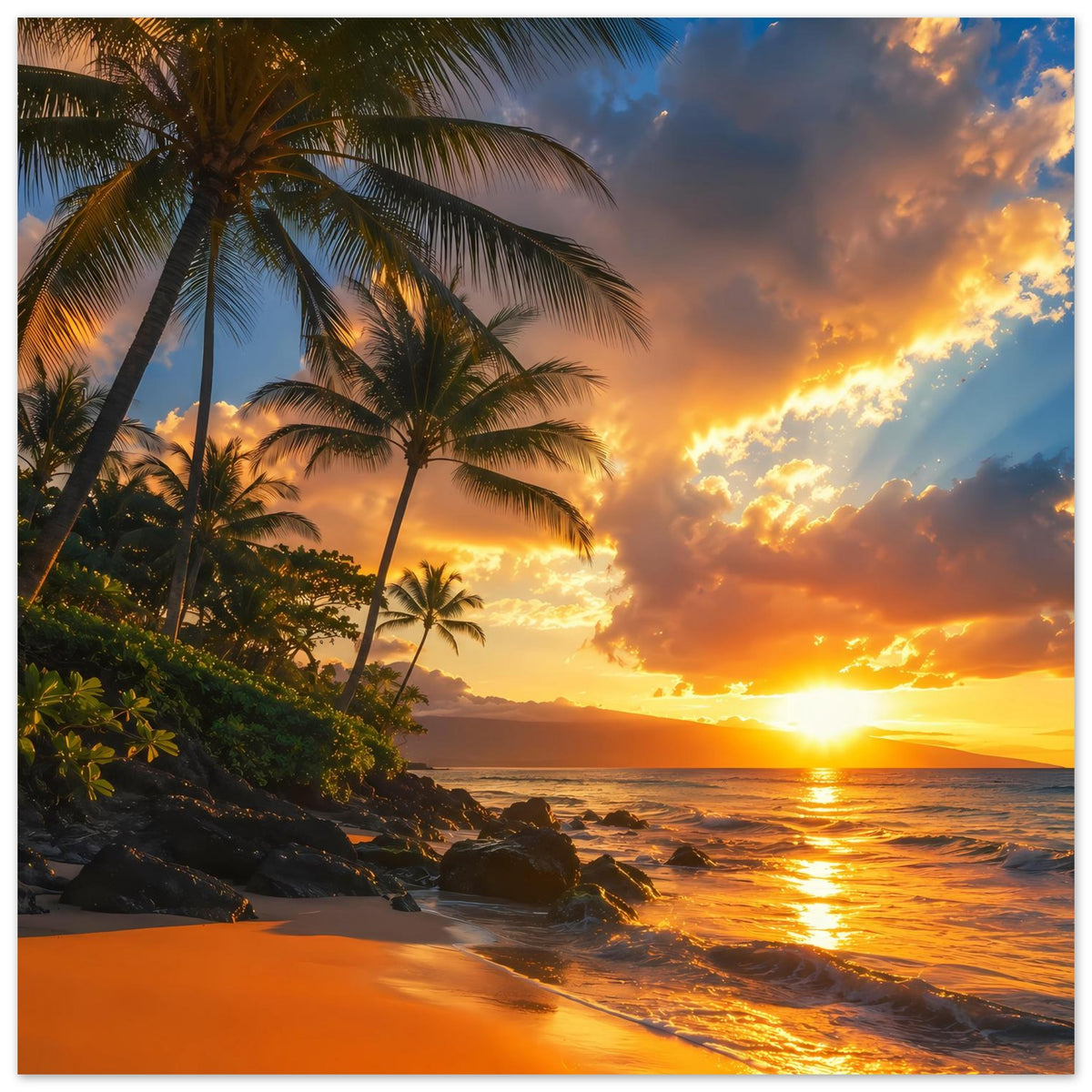 Strandposter: Palmen am Ufer, orangefarbener Sonnenuntergang, rechteckig