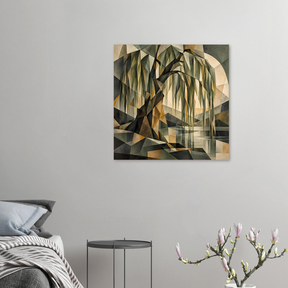 Kleines quadratisches Poster mit geometrischem Baum in Grün-, Beige- und Brauntönen