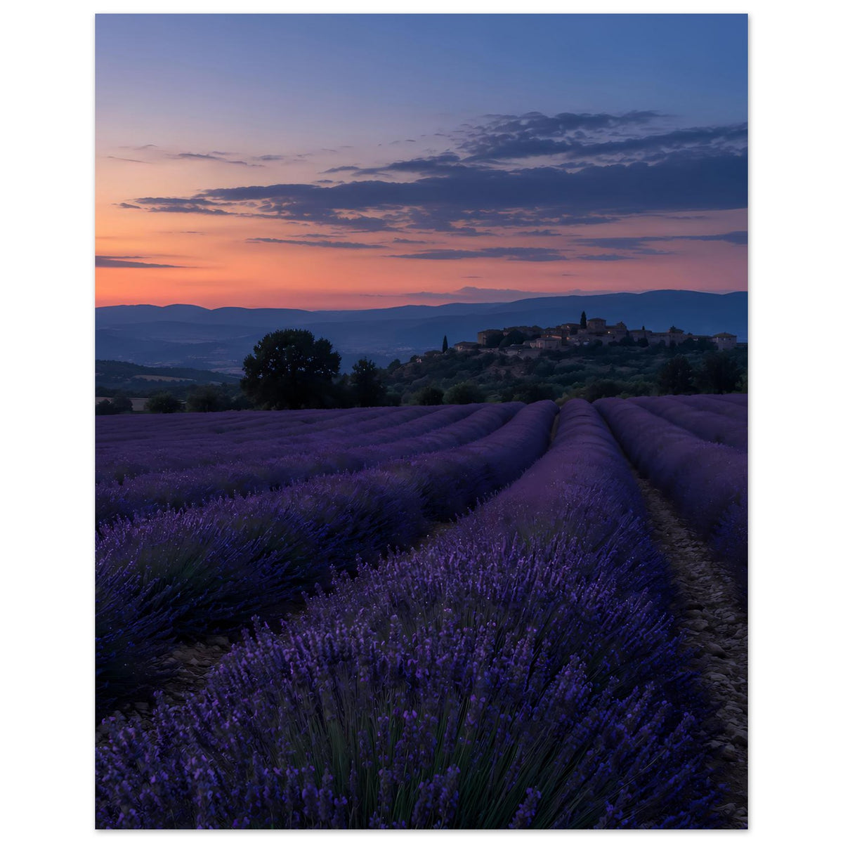 Hochformat-Poster: Lavendelfeld und Sonnenuntergang mit Wolken über den Hügeln